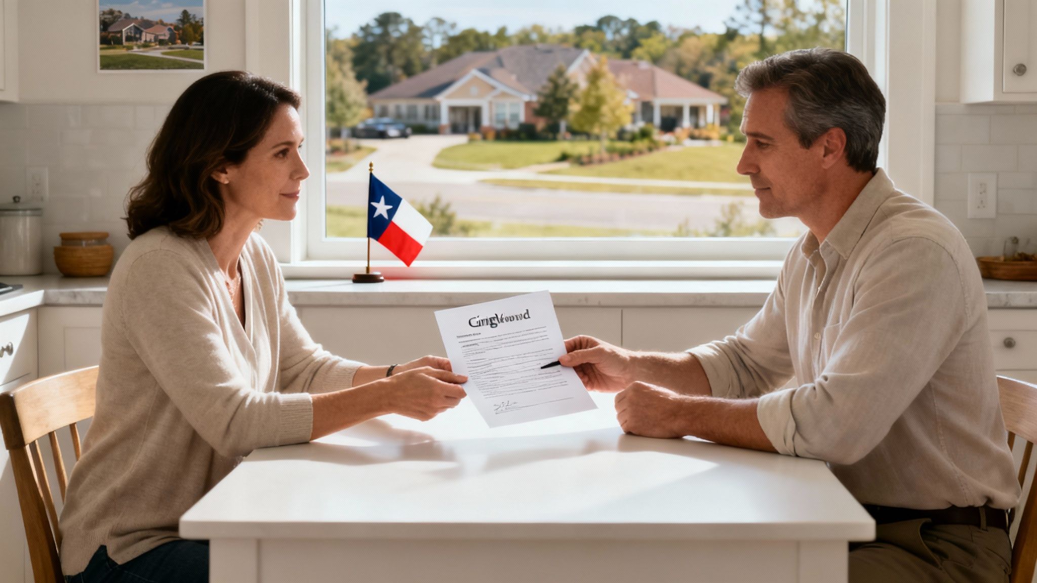 A couple sits at a kitchen table, exchanging a document, with a Texas flag and a house visible outside.