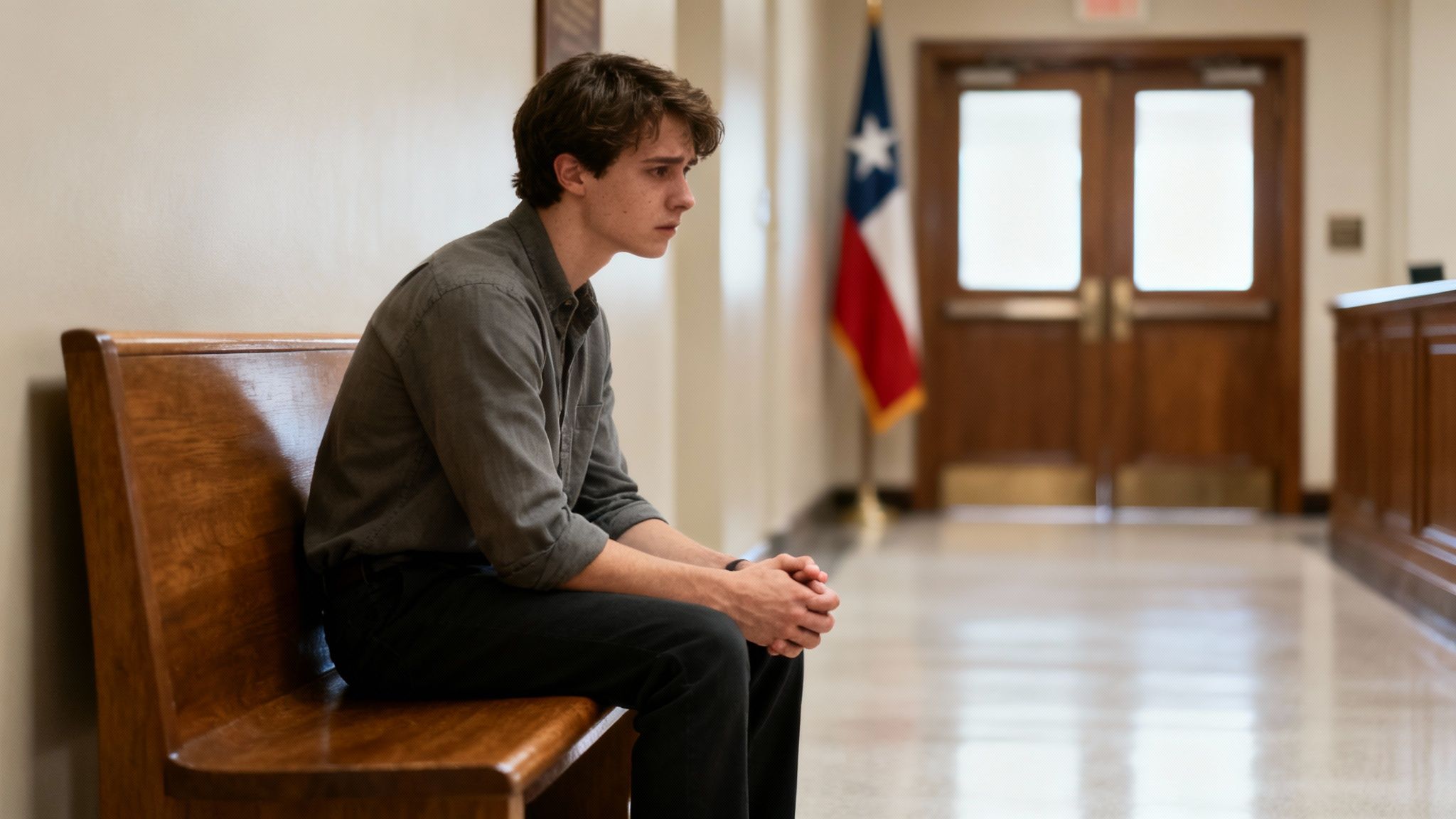 A young man with brown hair sits somberly on a wooden bench in a hallway, with a Texas flag in the background.