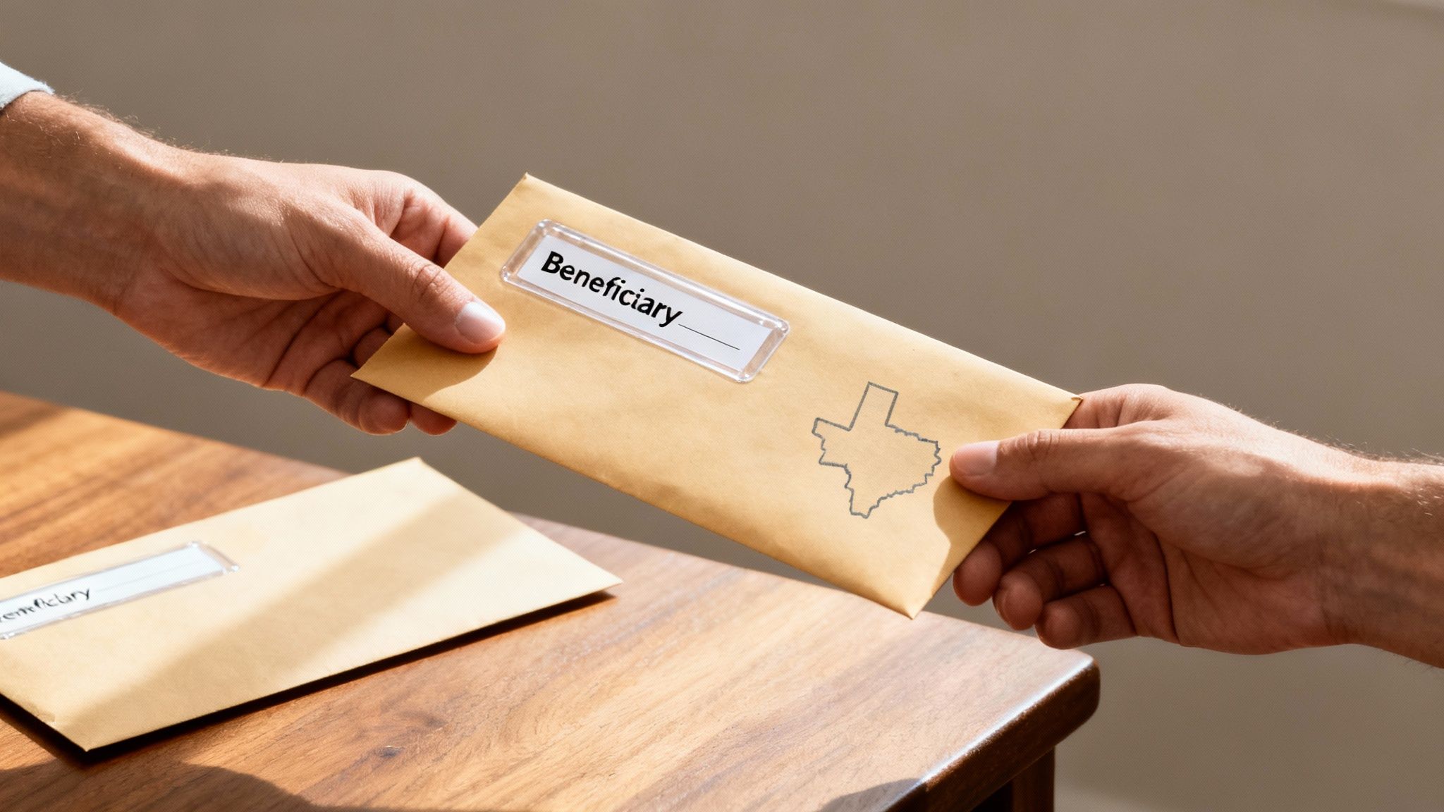 Two hands exchanging a brown envelope labeled 'Beneficiary' with a geographic outline.