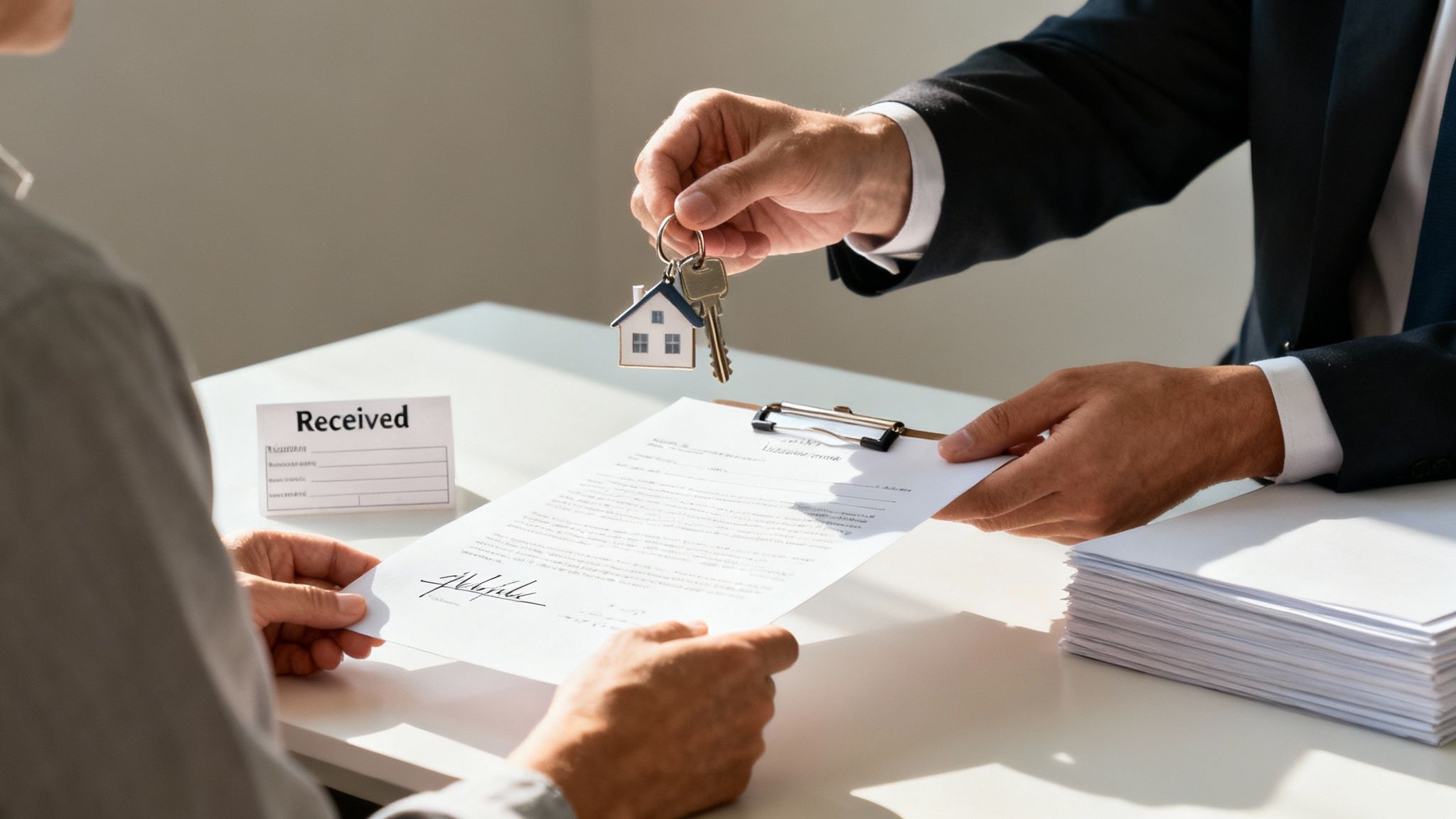 A person in a suit hands house keys and a contract to another person at a desk.