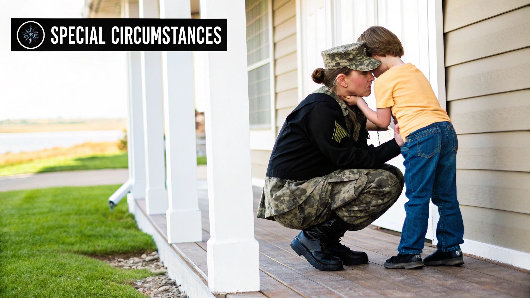 A female soldier in uniform kneels on a porch to hug a young child, a poignant moment.