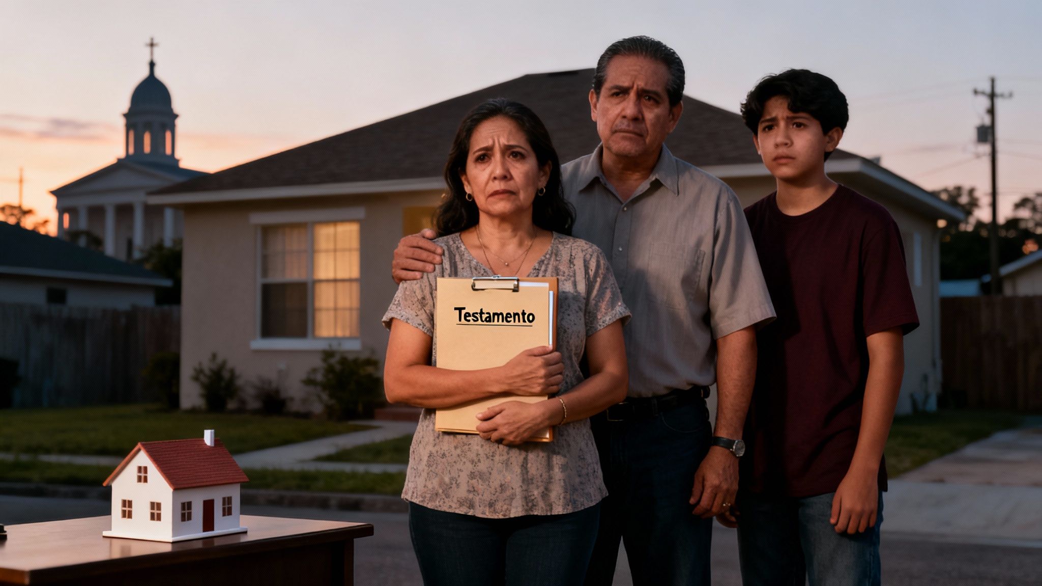 Un padre, madre e hijo latinos preocupados con un testamento y una casa al atardecer.