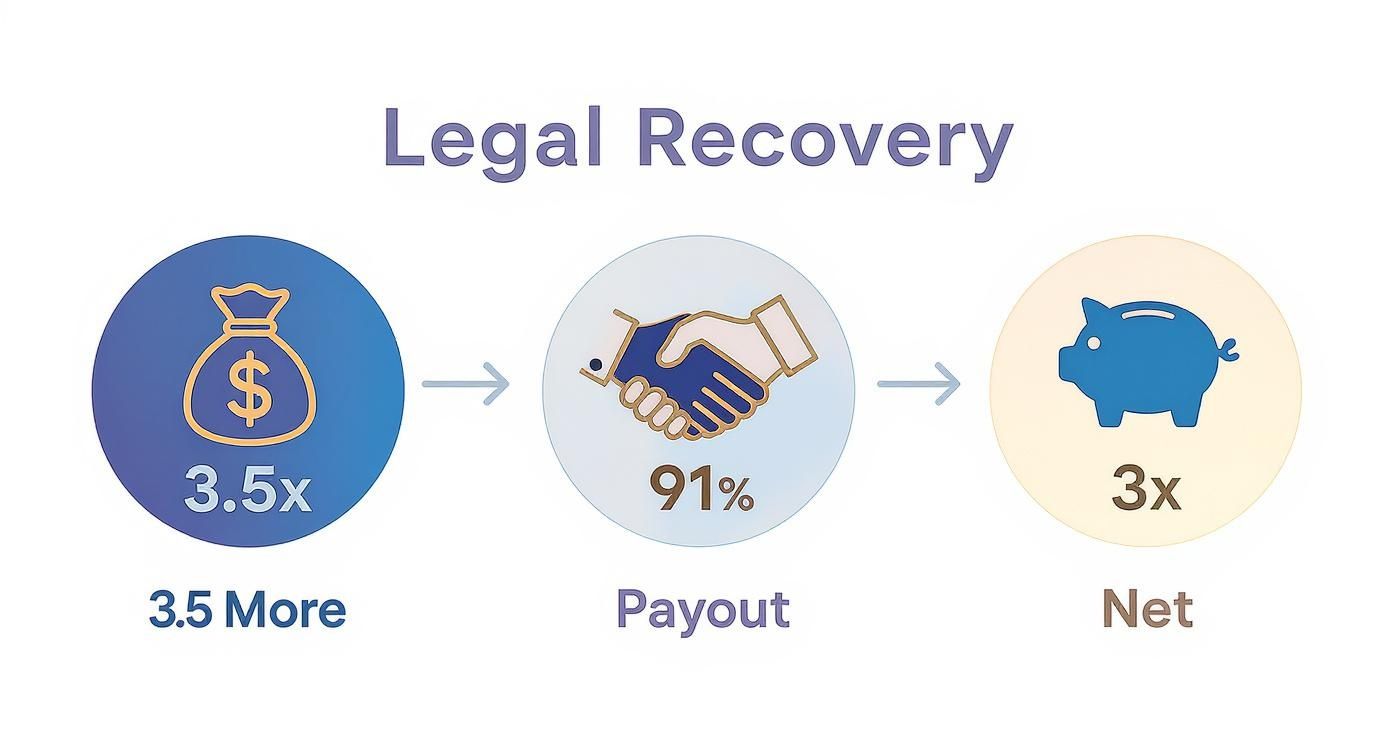 Infographic showing that accident victims with lawyers receive 3.5 times more money, have a 91% payout rate, and net three times more compensation.