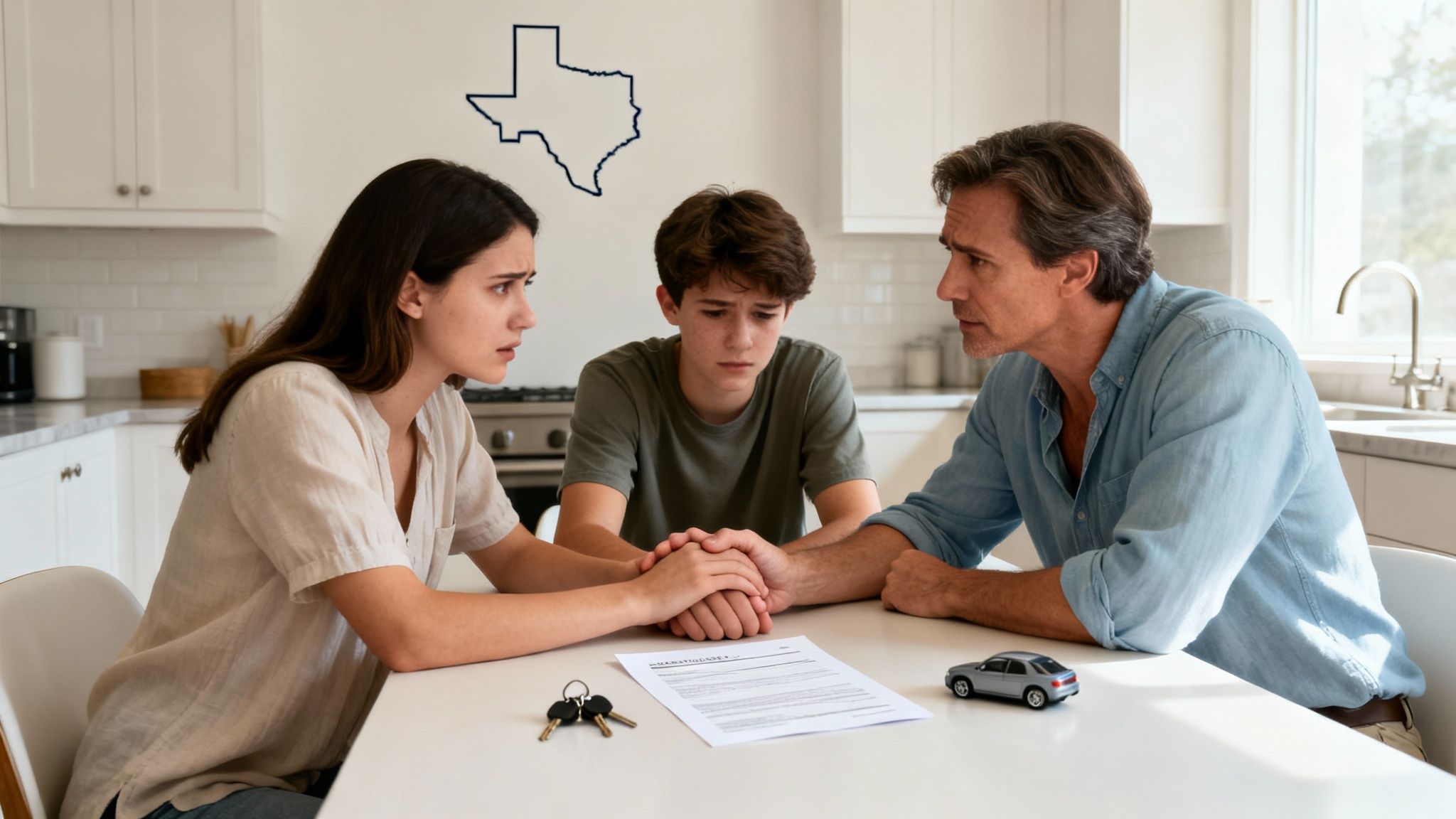 A distressed family, a woman, man, and teenage boy, discuss legal papers, keys, and a car in a Texas home.