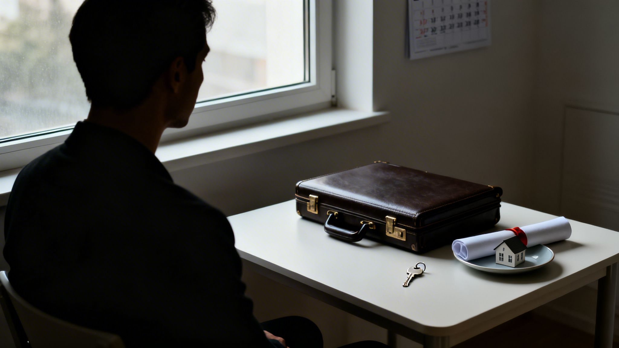 A person sits, silhouetted, looking out a window, contemplating a briefcase, a house model, and a legal document.