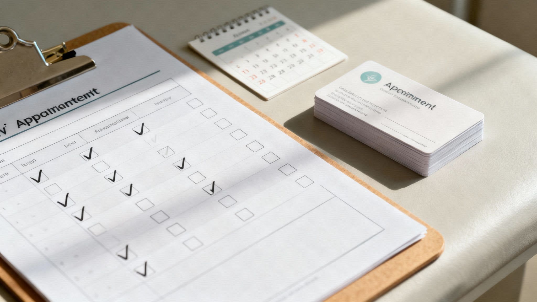 A desk with an appointment checklist on a clipboard, a calendar, and a stack of business cards.