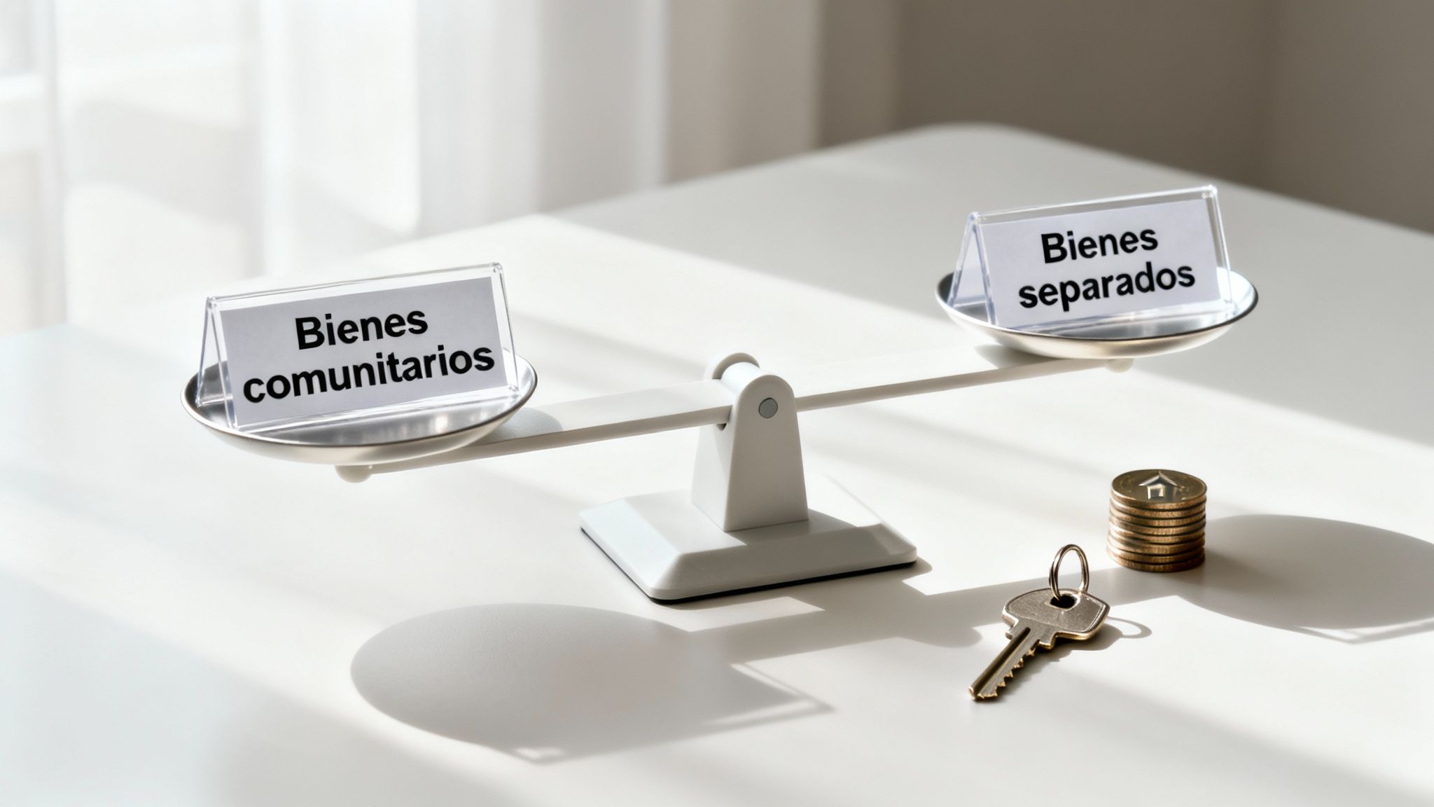 Balanza de la justicia con carteles de 'Bienes comunitarios' y 'Bienes separados', junto a monedas y una llave, simbolizando la división de activos.