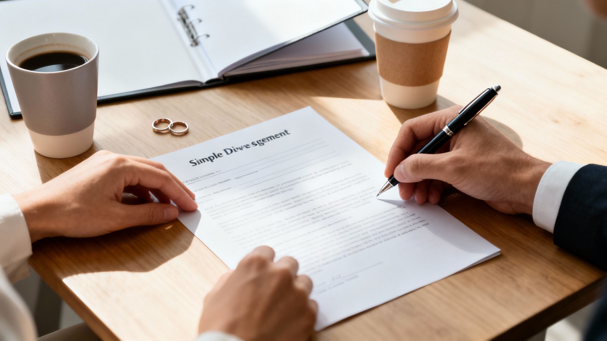Hands signing a 'Simple Divorce Agreement' document, with wedding rings and coffee on a wooden table.