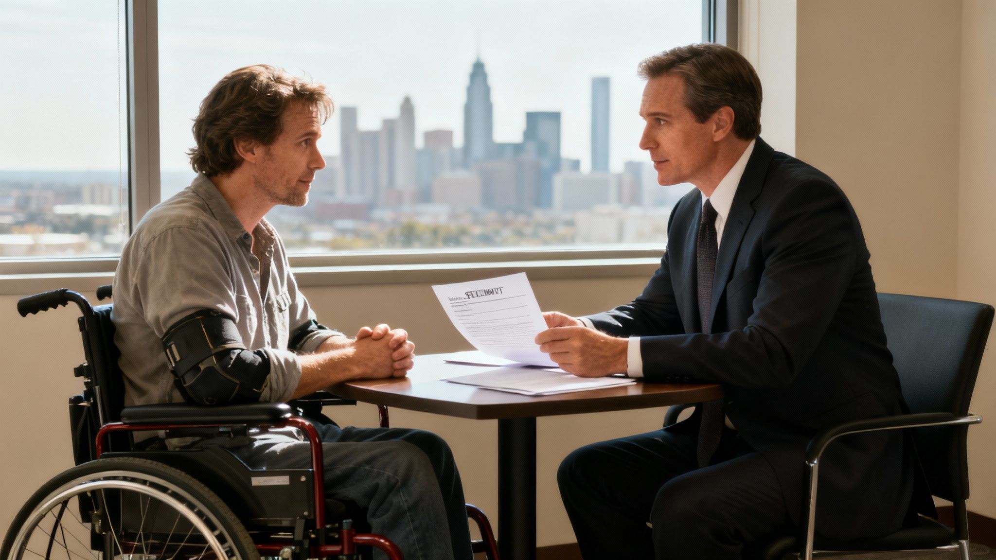 A thoughtful person reviewing legal documents at a desk, representing the settlement process.