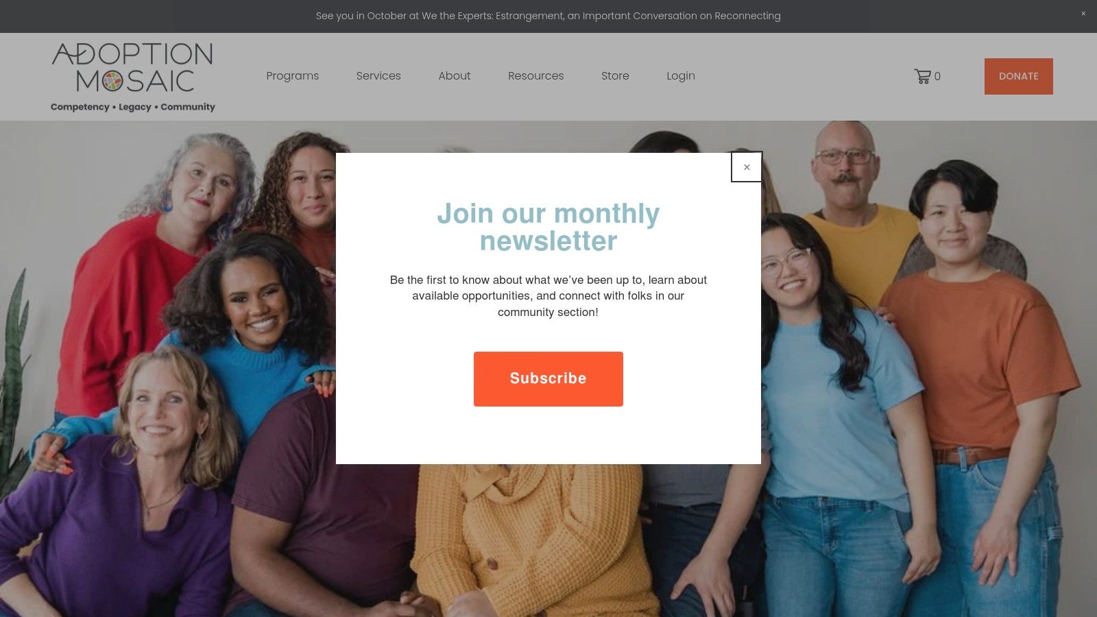 Group of diverse individuals smiling together, representing Adoption Mosaic's community-focused mission to support adoptees and their families through virtual programming and connection.