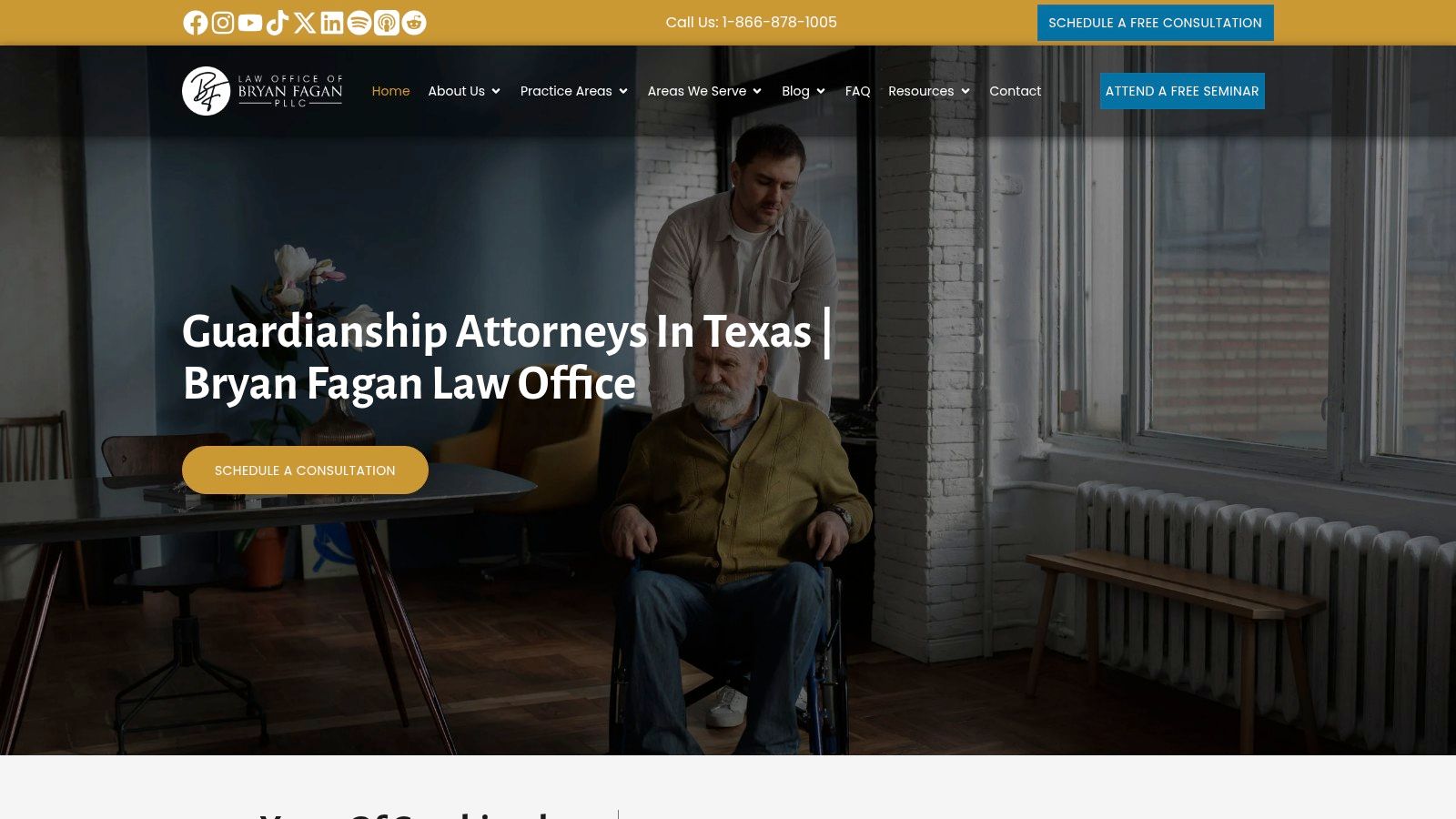 Man assisting elderly man in wheelchair in a well-lit room, representing compassionate guardianship support by Bryan Fagan Law Office in Texas.