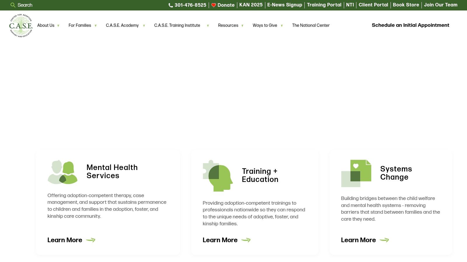 C.A.S.E. website interface showcasing mental health services, training and education, and systems change for adoption support, emphasizing resources for adoptees and families.