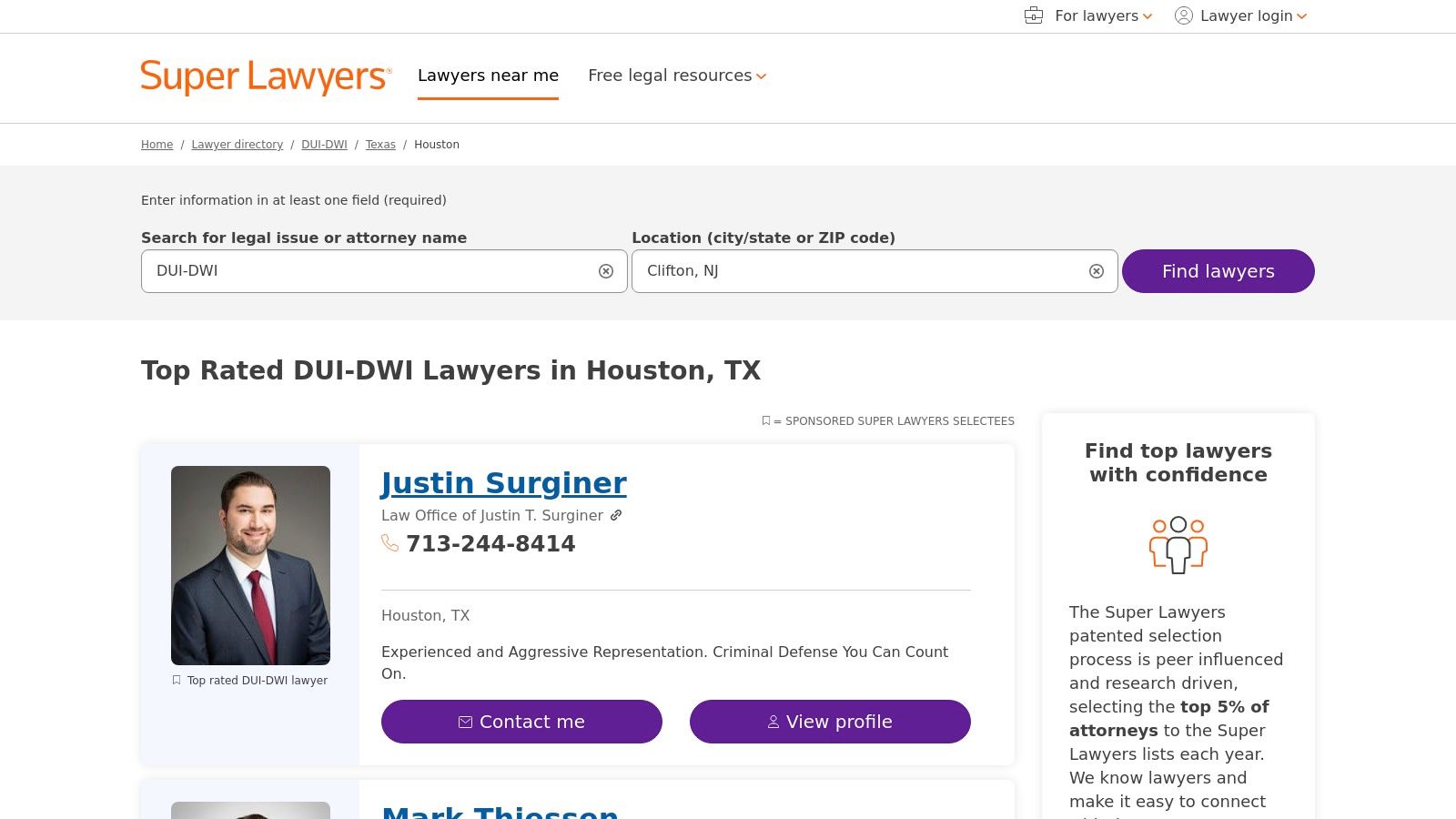 Top-rated DWI lawyer profile for Justin Surginer, featuring contact information and expertise in criminal defense, on Super Lawyers website for Houston, TX.