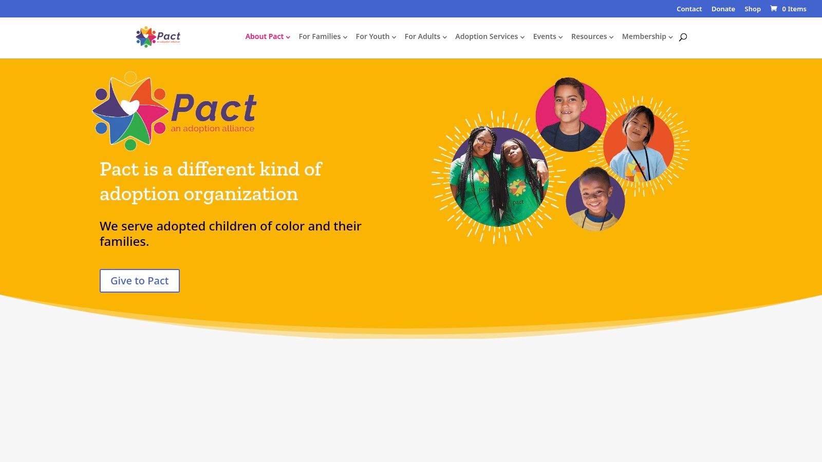 Pact adoption alliance logo with colorful star design, featuring diverse children smiling, representing community support for adopted children of color and their families.