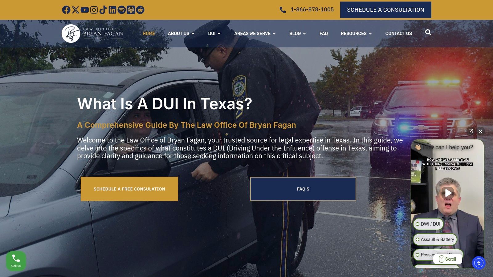 Police officer conducting a DUI traffic stop beside a vehicle in rainy weather, highlighting DWI legal defense themes relevant to the Law Office of Bryan Fagan.