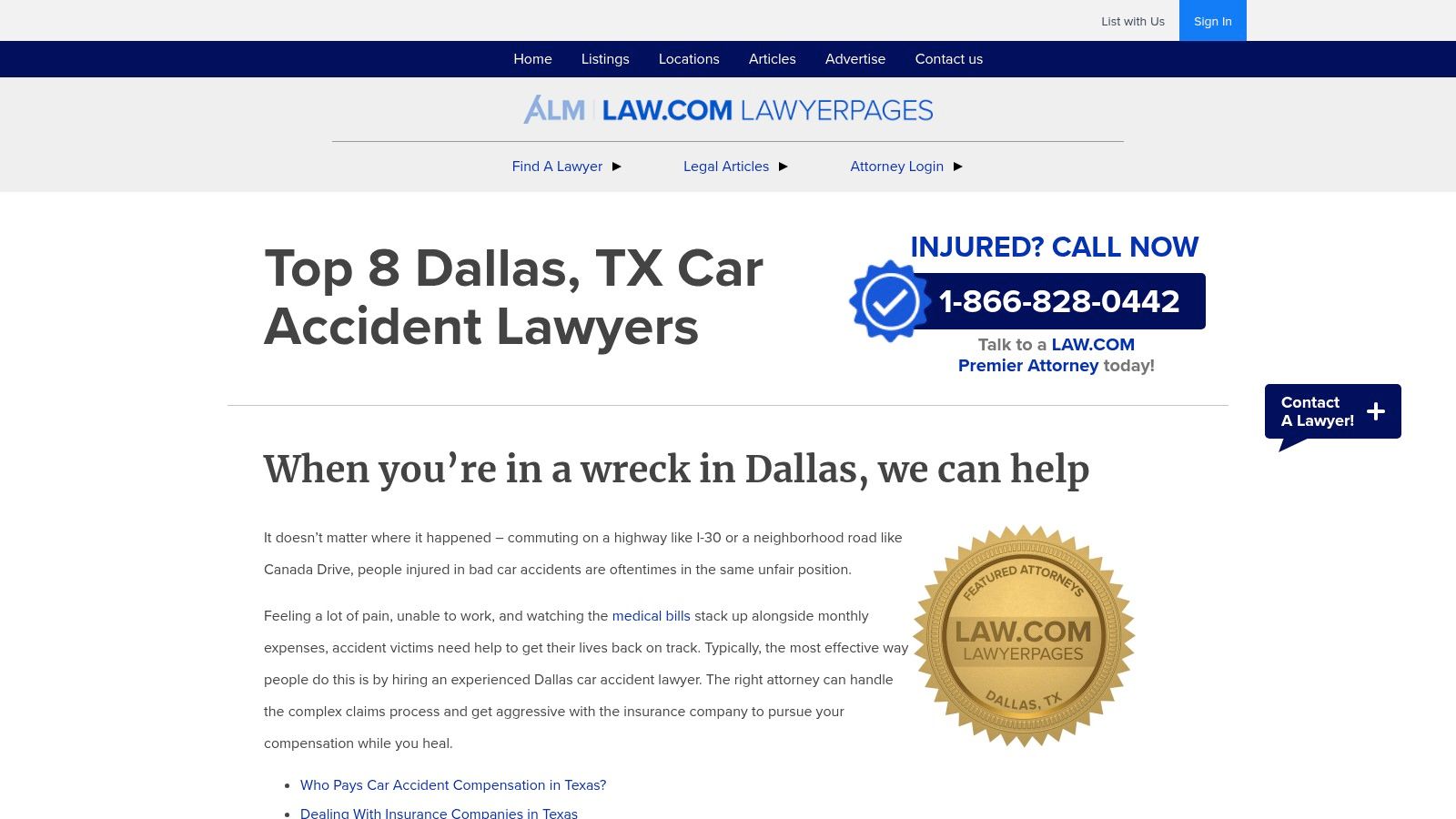 Justia Lawyer Directory – Dallas Personal I(https://cdn.outrank.so/80dec815-6361-492d-a355-a8cd7f3e53ee/screenshots/7ac7ed0b-7d88-47ac-be92-dfb7a8f150ed/best-car-accident-lawyer-dallas-lawyer-listing.jpg)
The platform’s main advantage is its blend of detailed attorney profiles with practical, city-specific information. As you browse listings, you can also find guides on topics like obtaining a Dallas police report or understanding contingency fee agreements in Texas. This makes Justia not just a directory, but a valuable preliminary educational tool for accident victims.
How to Use Justia to Find Your Attorney
Justia helps simplify the often-confusing first steps after an accident by organizing attorney information and making it easily searchable. The platform is free to use and provides extensive details that can help you create a strong list of potential legal representatives for your car accident claim.
Key features you can leverage include:
- Detailed Attorney Profiles: Each profile includes crucial information such as bar admissions, education, professional awards, and languages spoken. Many attorneys also upload videos, giving you a better sense of their personality and approach.
- Client Reviews & Peer Endorsements: Read reviews from former clients to gauge an attorney's communication and effectiveness. Peer endorsements from other lawyers can also signal a high level of professional respect.
- Practice Area Specificity: While you start in the broad "Personal Injury" category, you can see what percentage of an attorney’s practice is dedicated specifically to car accidents, helping you find a true specialist.
- Clear Indicators: Profiles often clearly mark if an attorney offers a "Free Consultation" or works on a "Contingency Fee" basis, so you know what to expect financially before making contact.
Practical Tips for Using Justia Effectively
To maximize your search on Justia, be strategic. Look beyond the sponsored profiles at the top of the results page and use the available filters to drill down to the most relevant candidates for your specific situation.
Pro Tip: After filtering for "Car Accidents" in Dallas, focus on profiles that provide comprehensive information, including client reviews and a clear explanation of their experience with cases like yours. Use the platform’s contact forms or phone numbers to schedule at least three free consultations to discuss the specifics of your accident.
Justia is an excellent resource for building your initial list of candidates. However, finding the right attorney goes beyond online profiles. It requires a personal conversation where you can ask about their experience with Texas’s modified comparative fault rule and how they plan to prove the other party’s liability in your Dallas car accident case.
Website: https://www.justia.com/lawyers/personal-injury/texas/dallas
7. Law.com Lawyer Directory – Dallas Car Accident Lawyers
When you need to find a reputable car accident lawyer in Dallas, a curated directory can feel more manageable than a massive, open-ended database. The Law.com Lawyer Directory offers a focused approach, combining a vetted roster of local attorneys with practical, Dallas-specific legal guides. This platform is less about overwhelming you with options and more about providing a pre-screened starting point alongside valuable educational content.
Law.com's strength is its blend of editorial curation and actionable local resources. Instead of just a list of names, you get access to profiles of "Law.com Premier Attorneys" and guides that answer immediate questions you might have after a crash, like how to obtain a Dallas police report or navigate local insurance claims. This dual focus helps you both find a lawyer and understand the process ahead.
![Law.com Lawyer Directory – Dallas Car Accident Lawyers