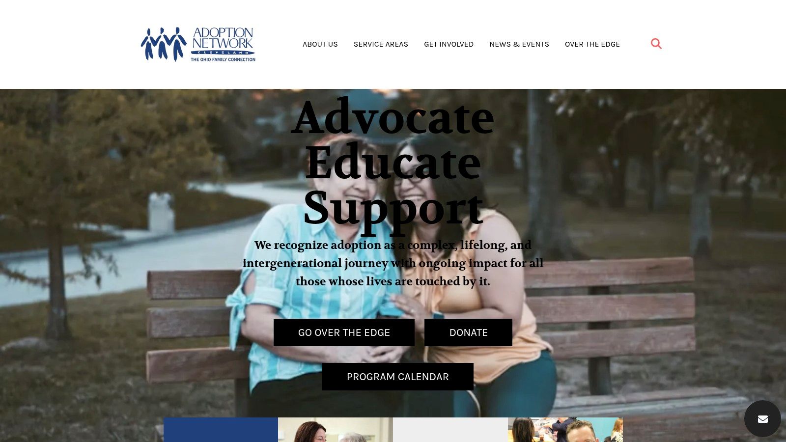 Image of three adults sitting on a park bench, smiling and engaging with each other, promoting community support for adult adoptees through Adoption Network Cleveland.