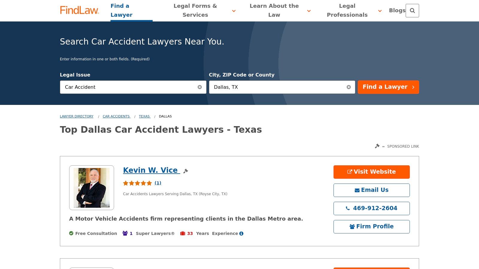 FindLaw Lawyer Directory – Dallas Motor Vehicle Accidents (Plaintiff)