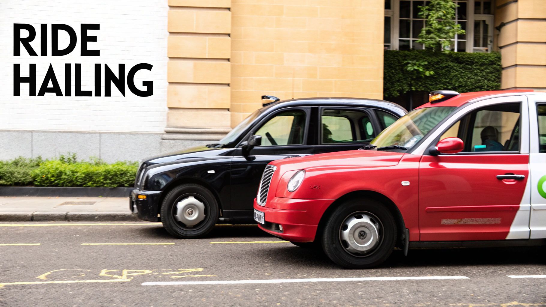 A black London taxi driving on a city street
