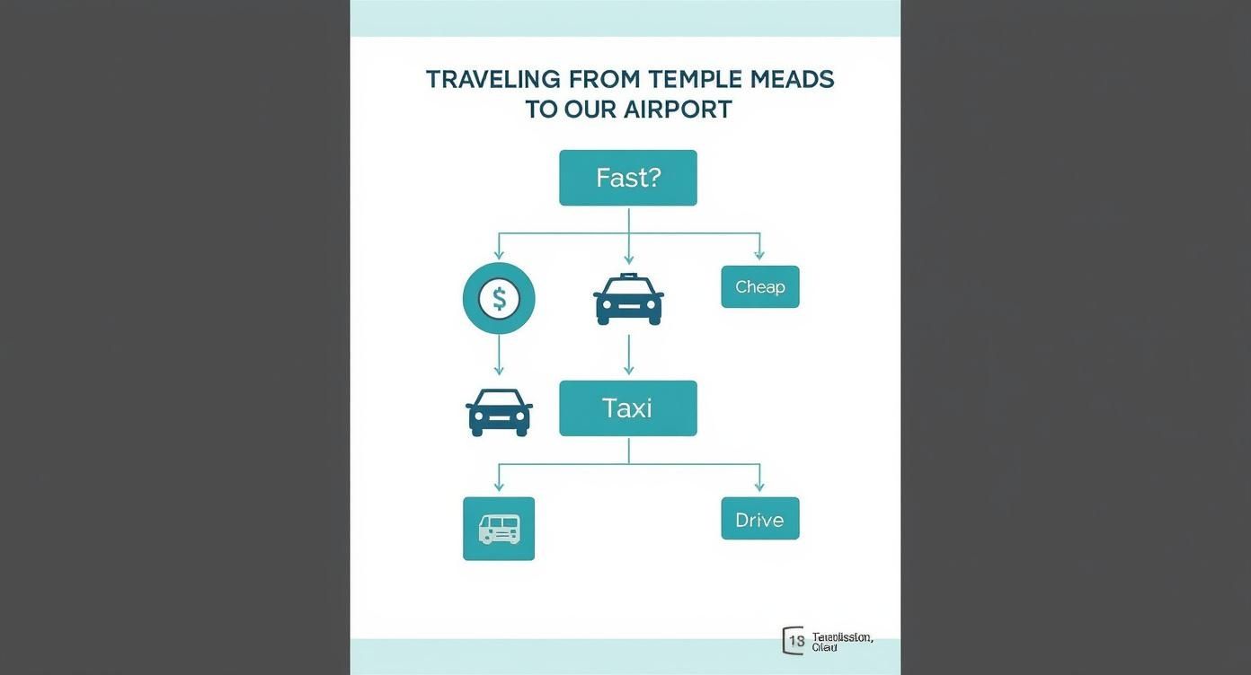 Infographic decision tree for choosing transport from Temple Meads to Bristol Airport, based on speed and cost.