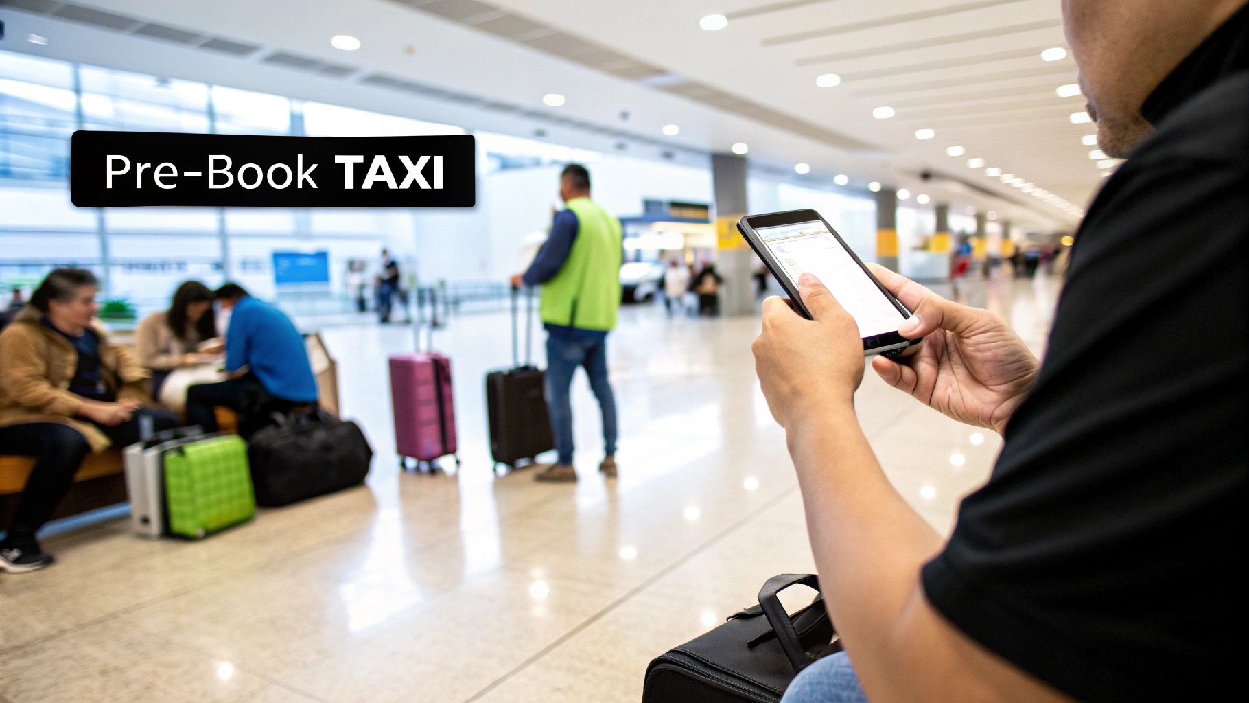 A woman confidently booking a taxi on her smartphone inside Stansted Airport.