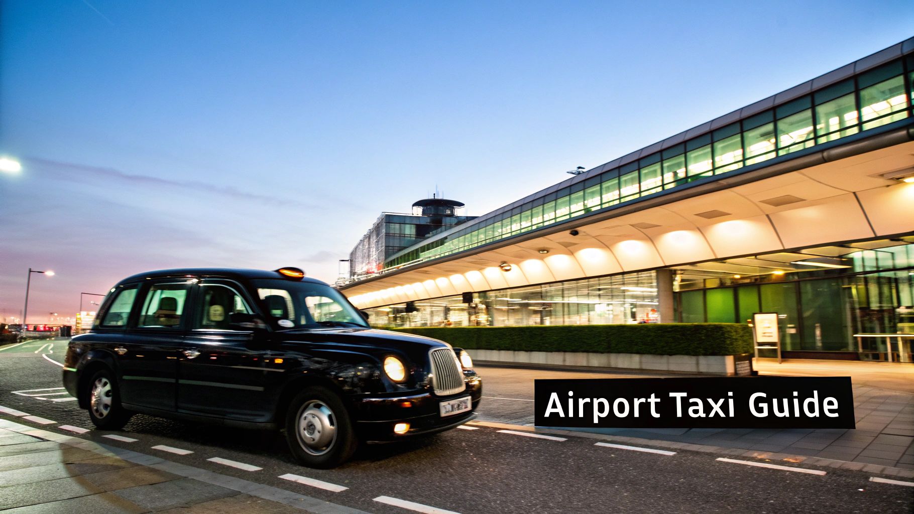A modern white taxi driving through the streets of London with the city skyline in the background.