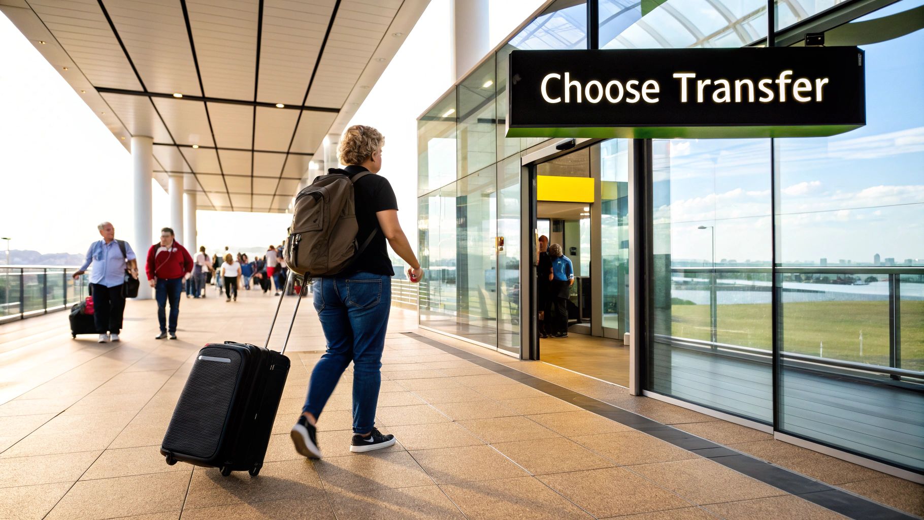 Travellers with luggage walking through an airport terminal
