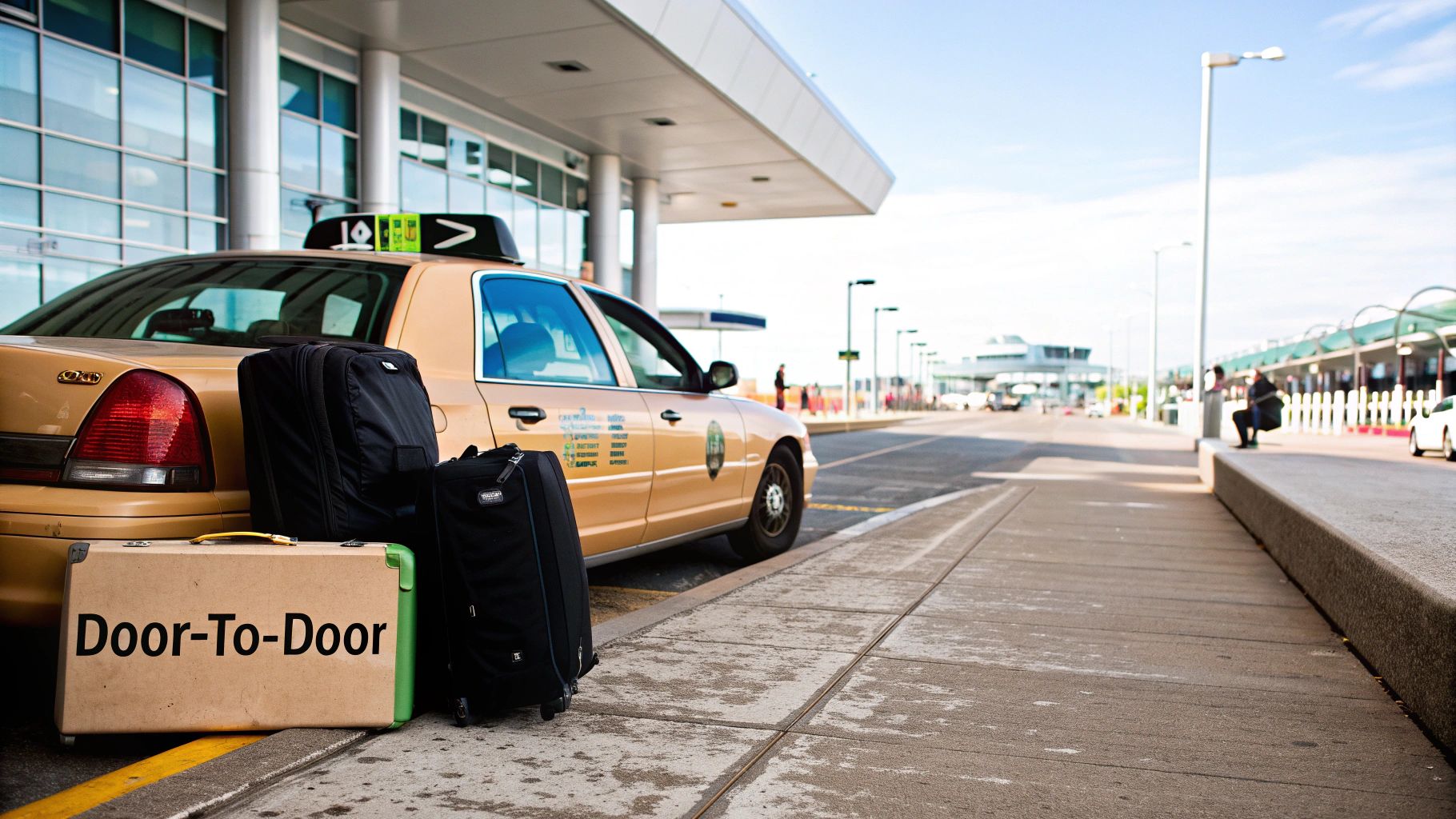 A black cab driving through a London street on the way to the airport.