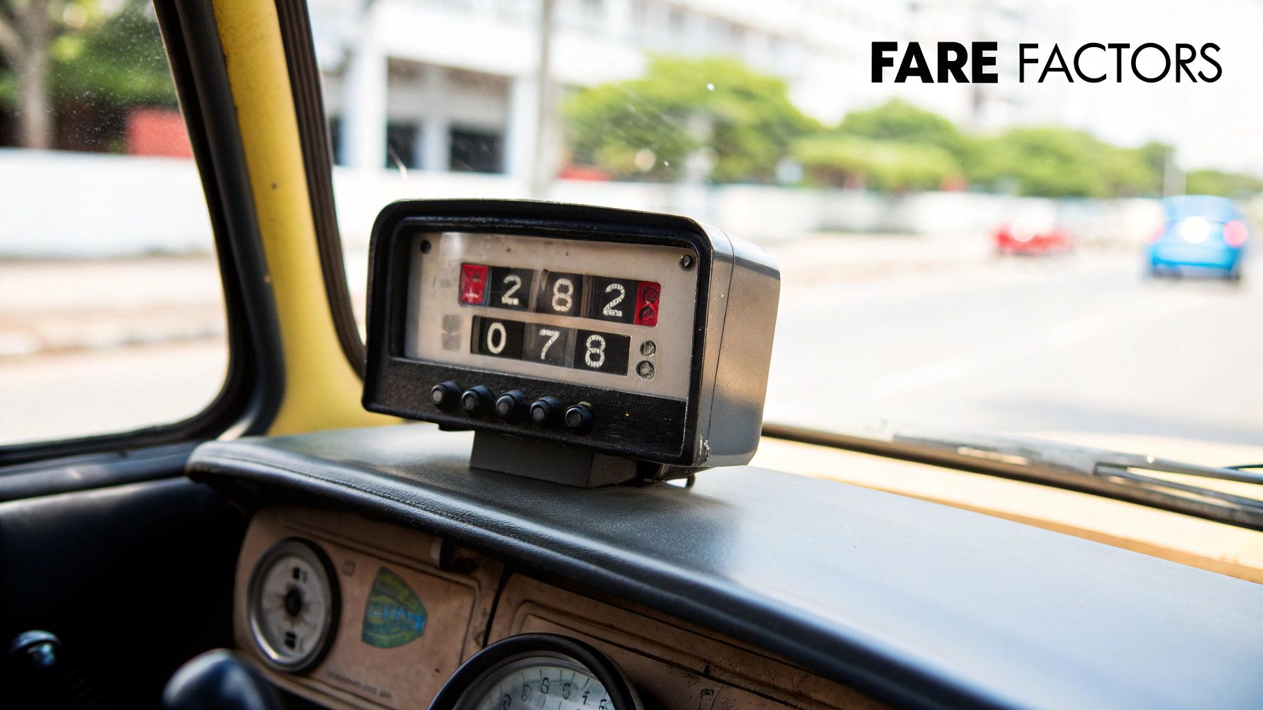 A taxi waiting outside an airport, representing the variables in taxi fares.