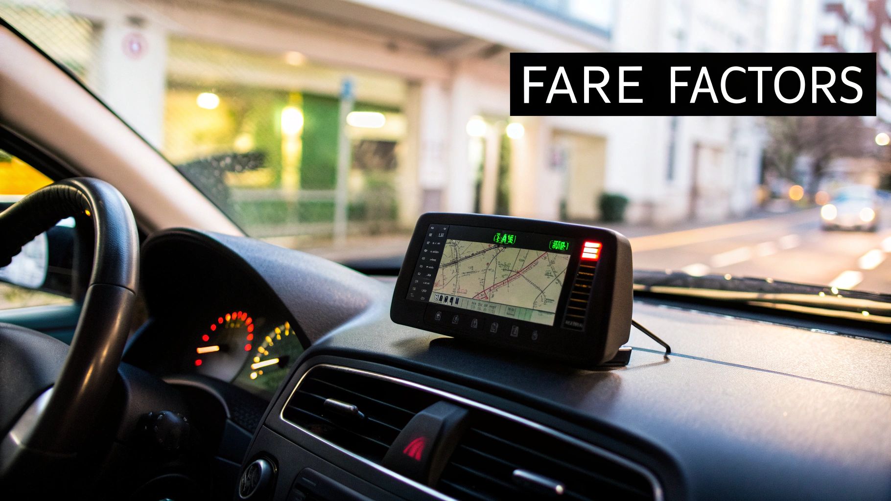 A taxi meter inside a car, showing the fare calculation in progress.