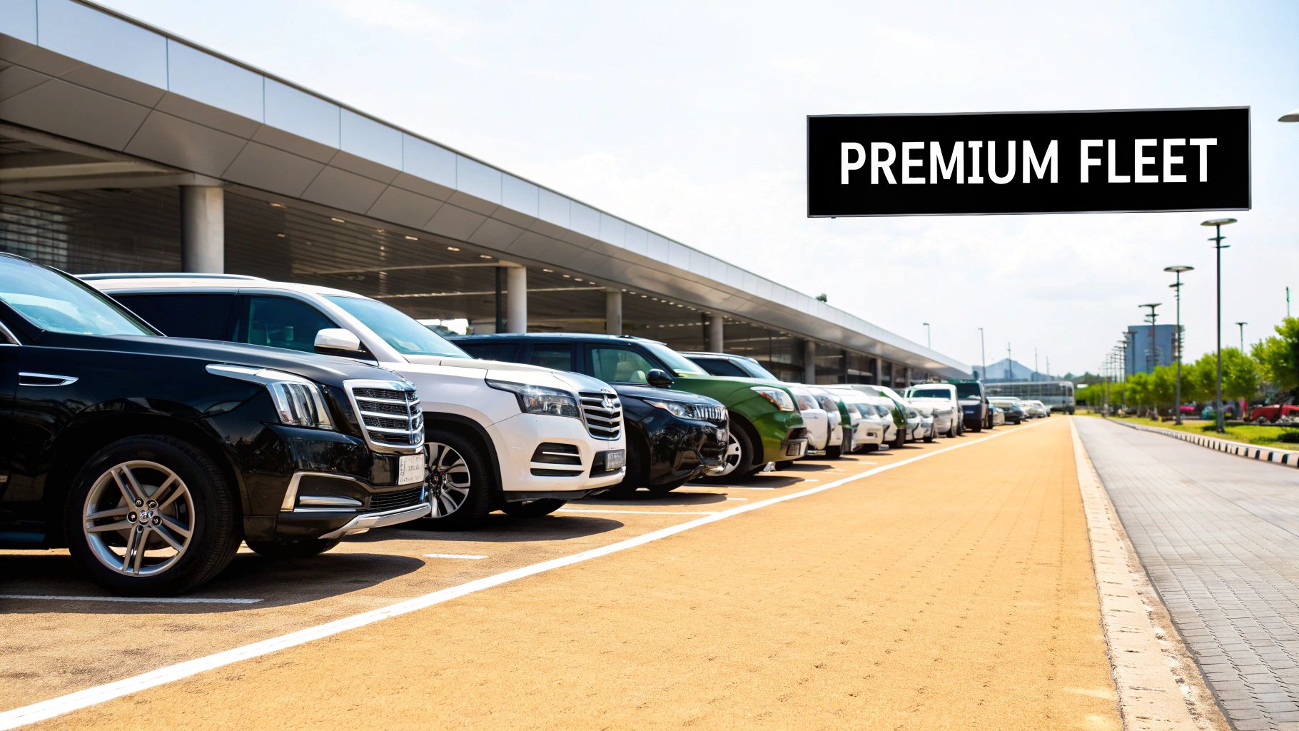 A professional chauffeur assisting a client with luggage next to a luxury car at an airport terminal.