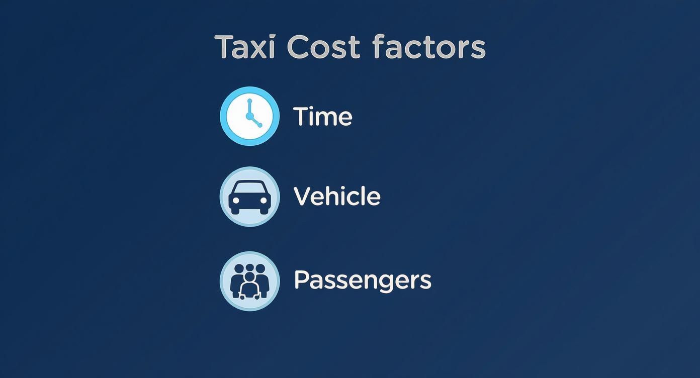 Infographic showing time, vehicle type, and passenger numbers influence a taxi journey.