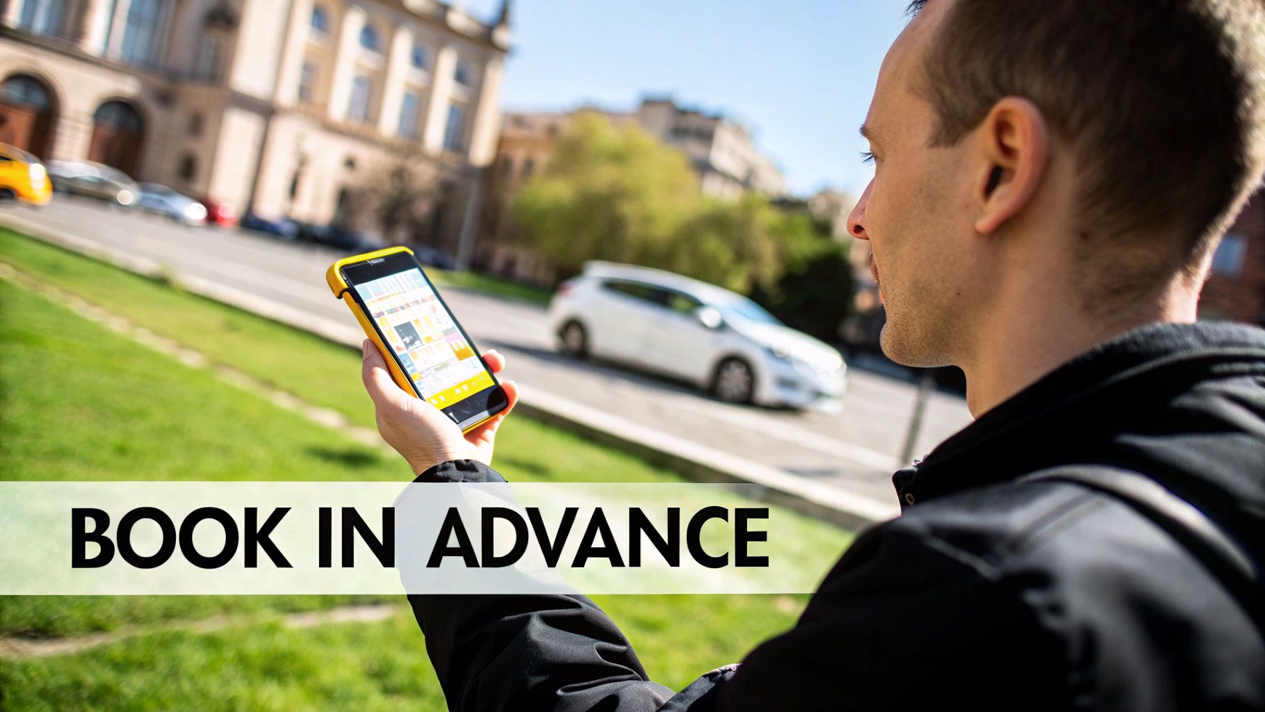 A person booking a taxi on their smartphone with an airport in the background.