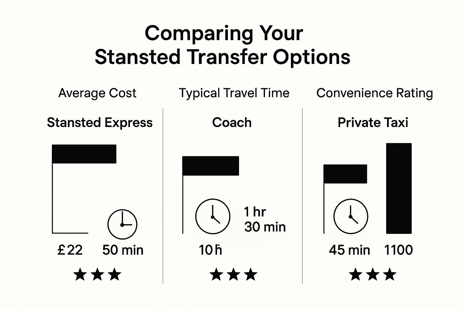 Infographic comparing Stansted Express, coach, and private taxi options for airport transfers london stansted.