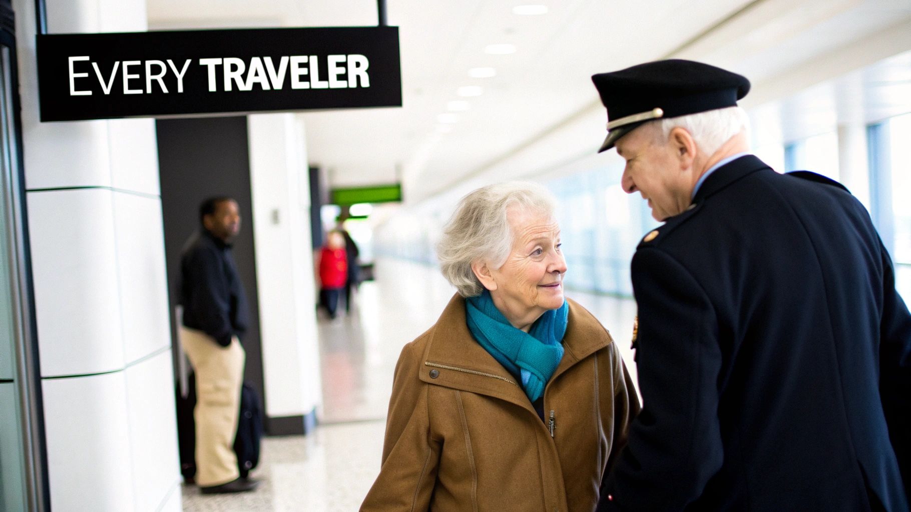 A family being assisted by a meet and greet agent at the airport.