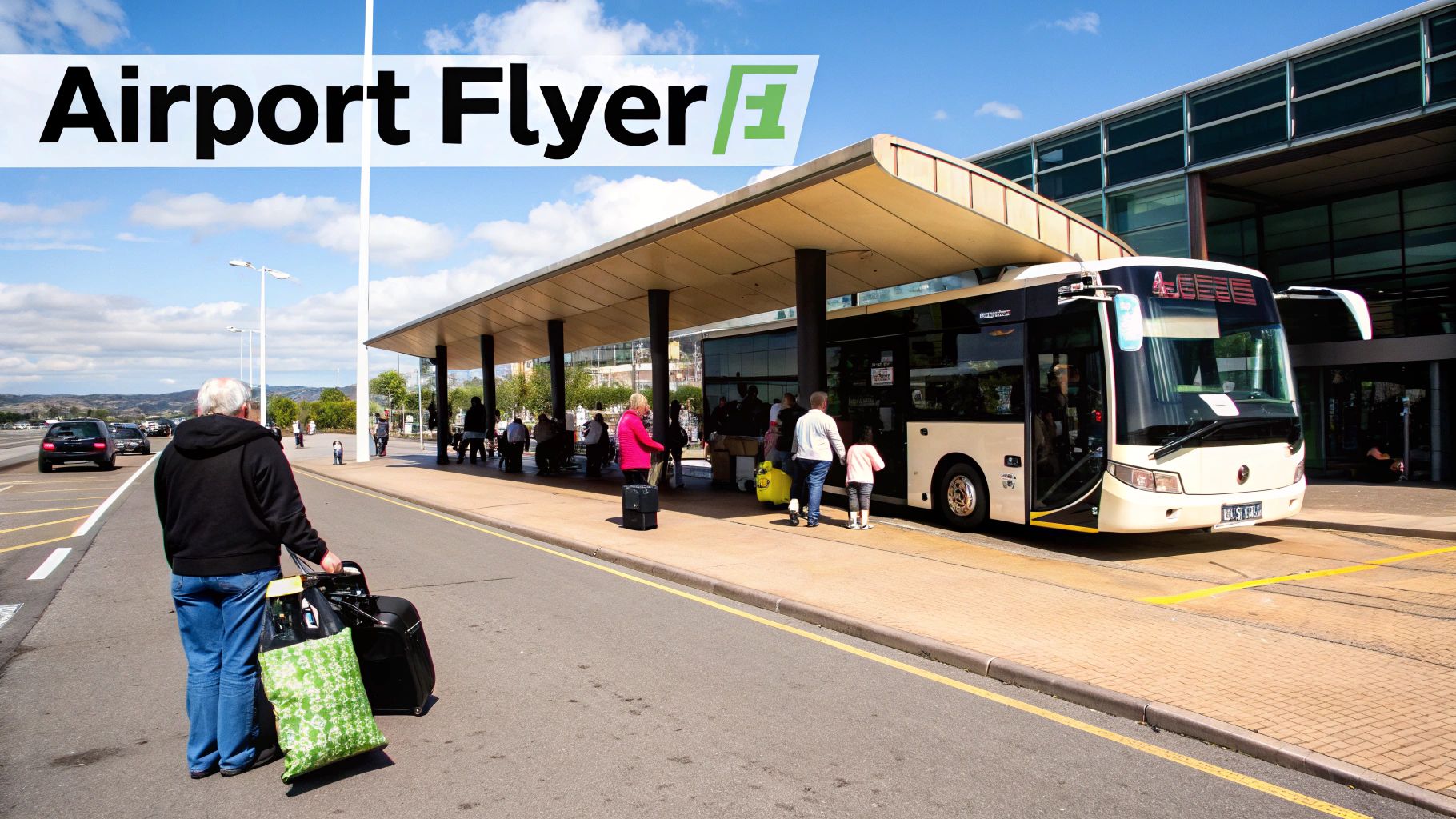 A bus with 'Airport Flyer' livery parked outside the Bristol Airport terminal.