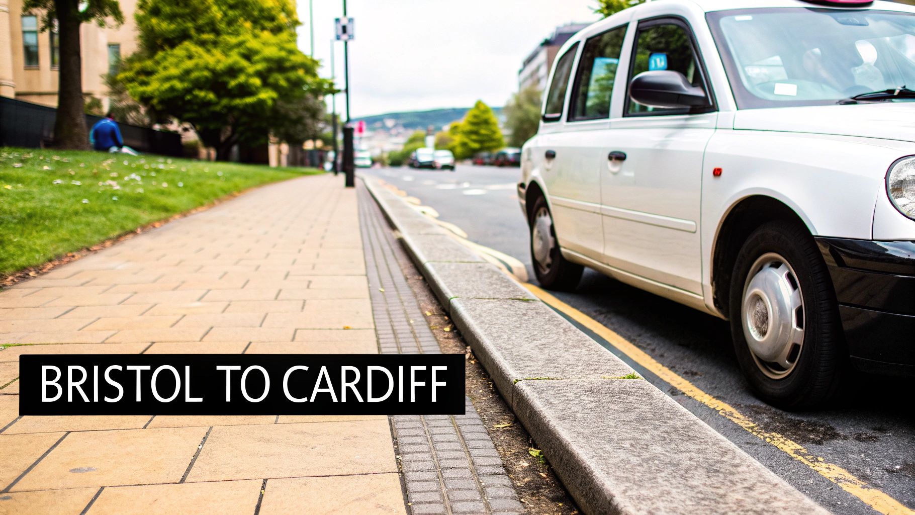 A modern taxi driving through a city with Bristol and Cardiff landmarks in the background