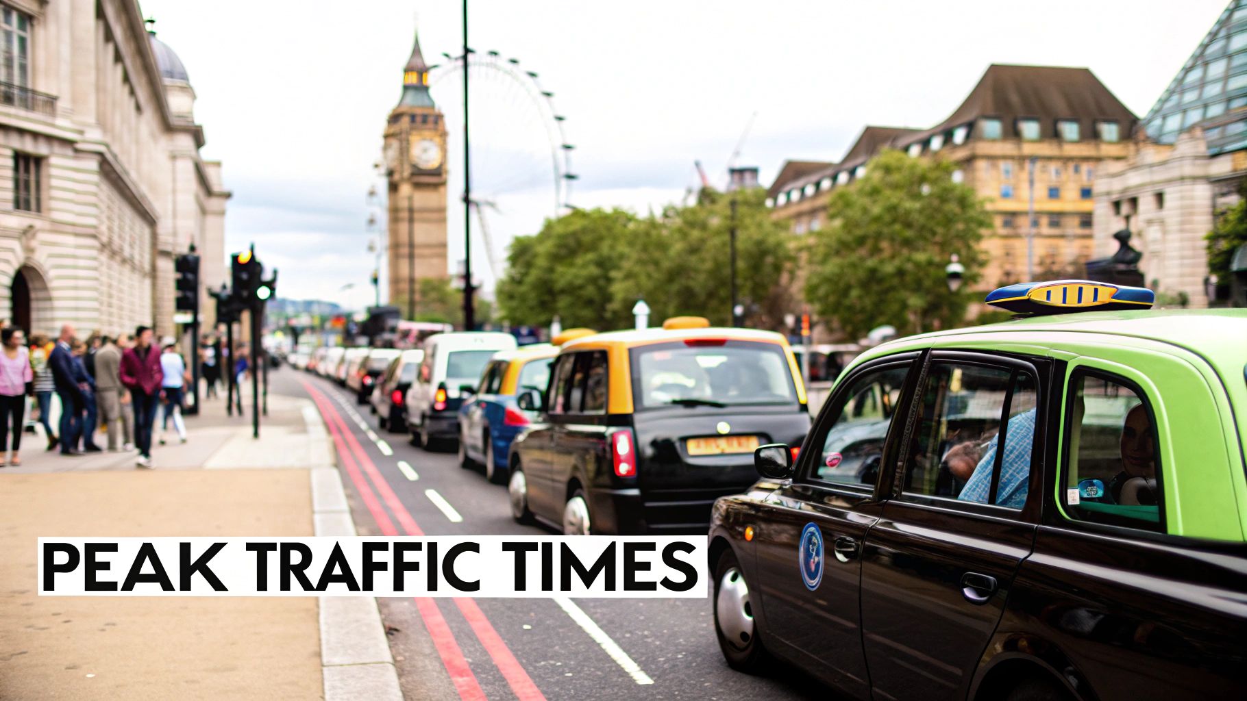 Heavy traffic on a multi-lane road in London during the day.