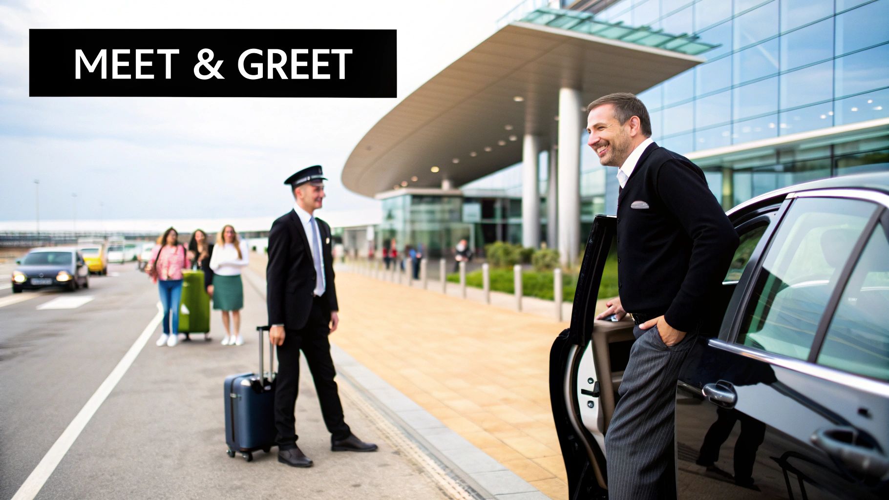 A professional driver holding a sign with a passenger's name in a bright airport arrivals hall.