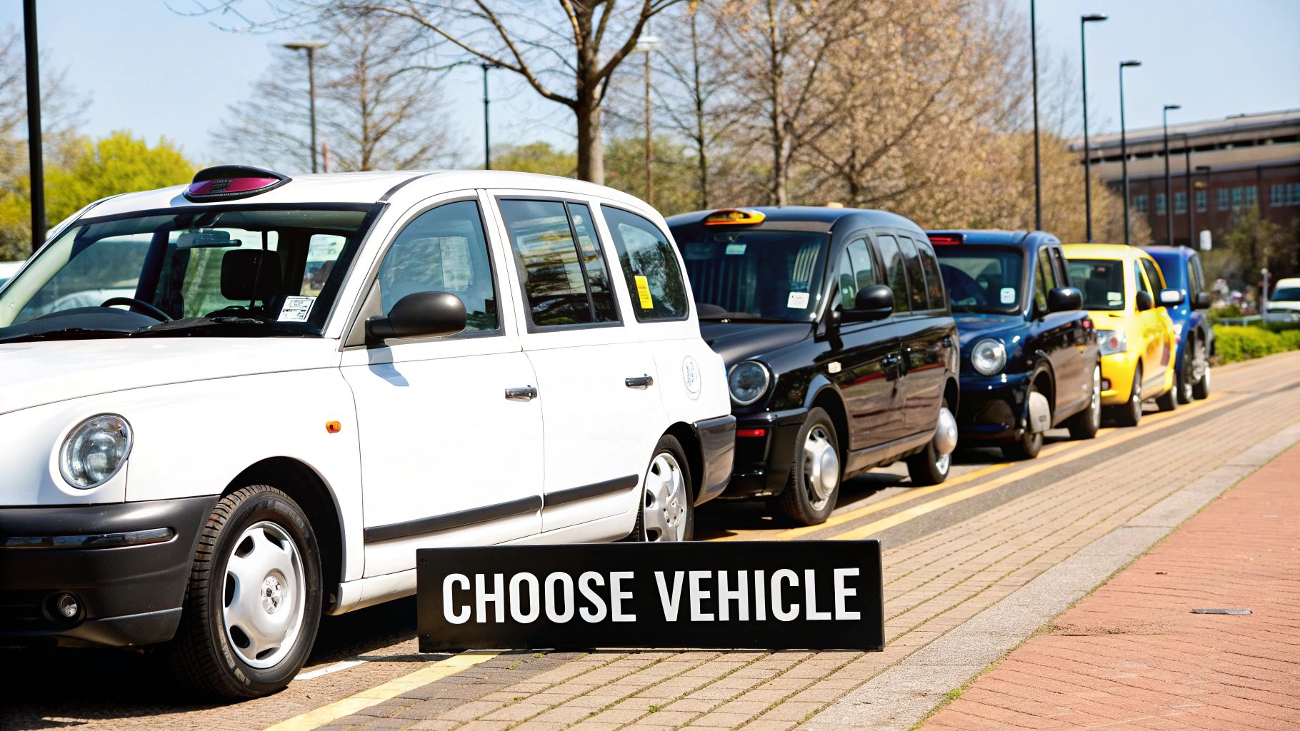 A family with luggage standing next to a spacious MPV taxi at Stansted Airport.