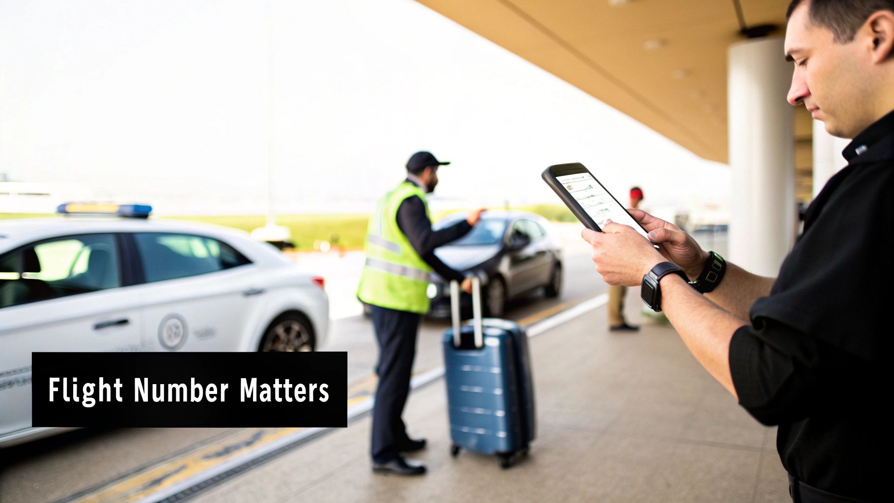 A focused driver using a tablet to monitor flight details inside a taxi.