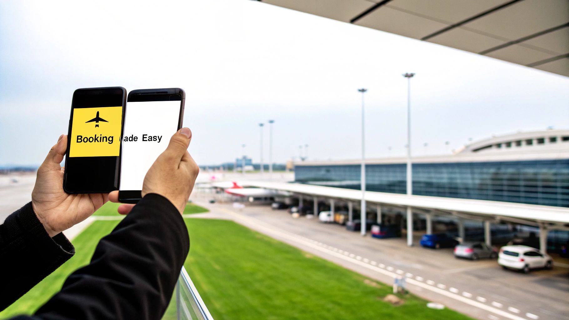 A person using a smartphone to book a taxi online, with a map and car icon visible on the screen.