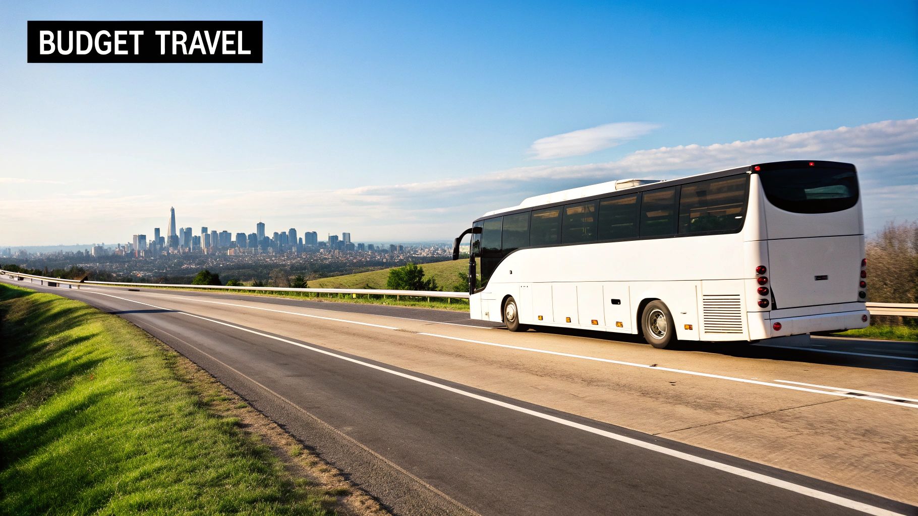 A National Express coach on the motorway, heading towards Stansted Airport.