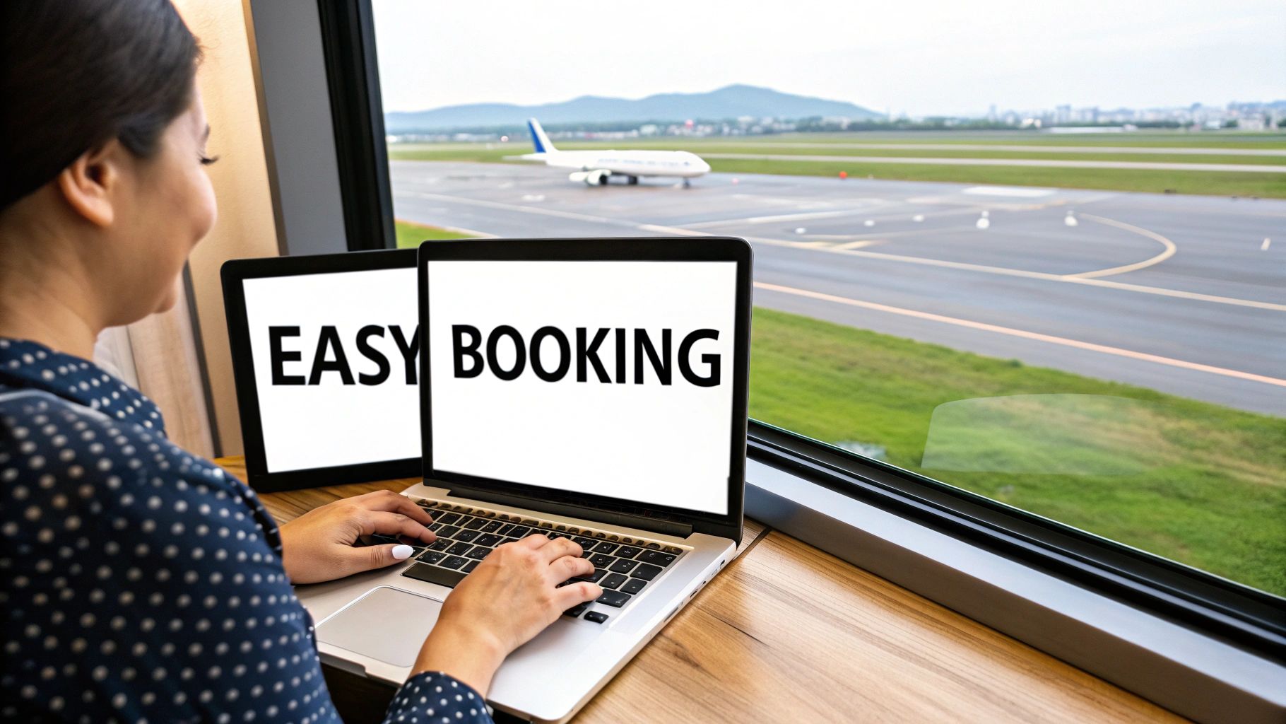 A person using a smartphone to book an executive transfer, with an airport in a background.
