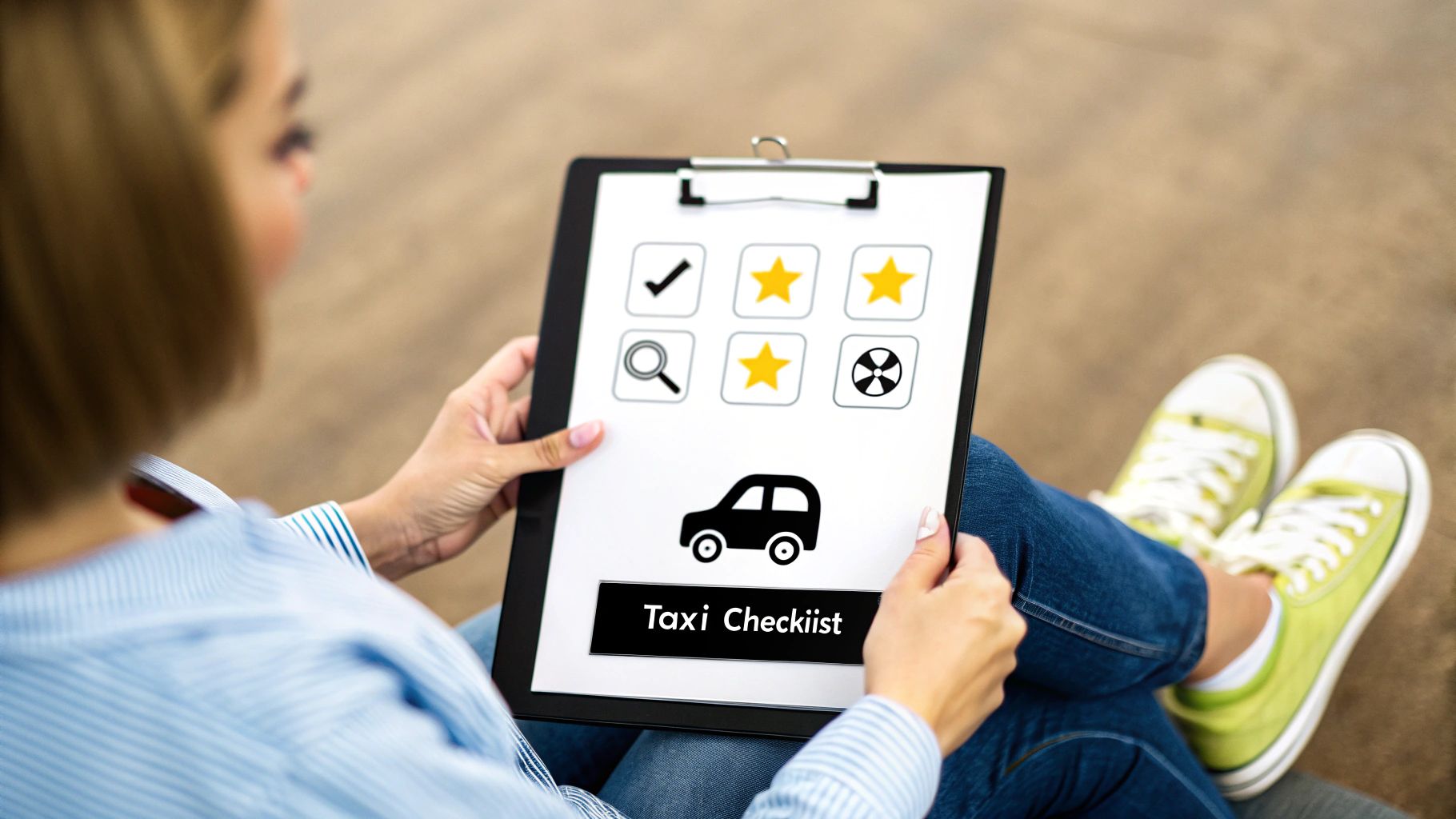 A professional taxi driver standing by a clean, modern black car.