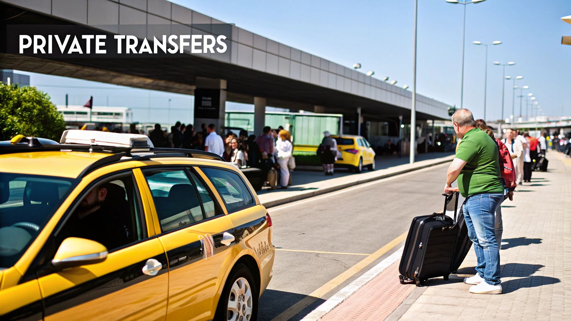 A modern taxi waiting outside an airport terminal for a passenger
