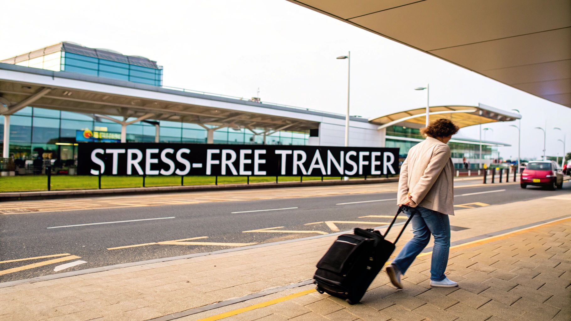 A sleek, modern taxi waiting outside an airport terminal, ready for pickup.