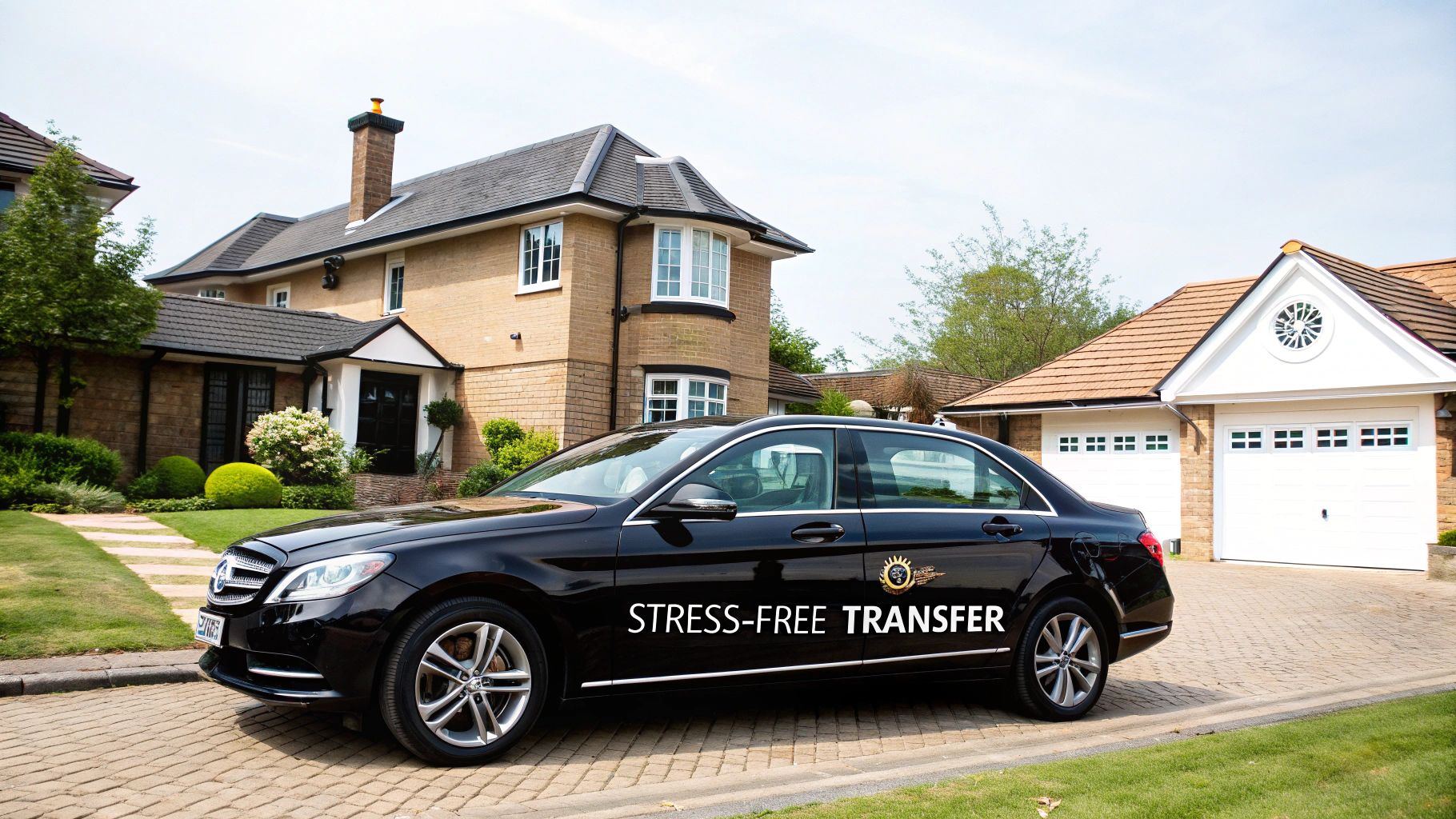 A modern taxi waiting outside a suburban home in Reading, ready for an airport transfer to Heathrow.