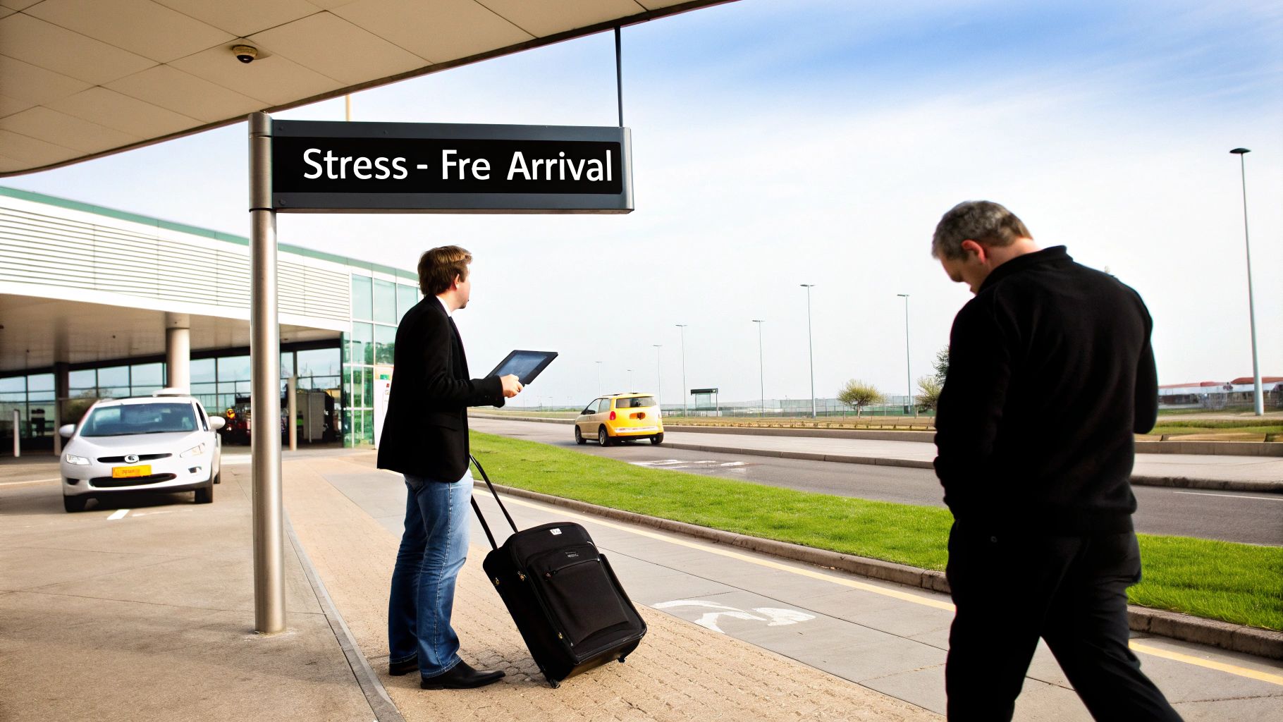 A professional taxi driver waiting with a sign at Luton Airport arrivals hall, showcasing the meet and greet service.