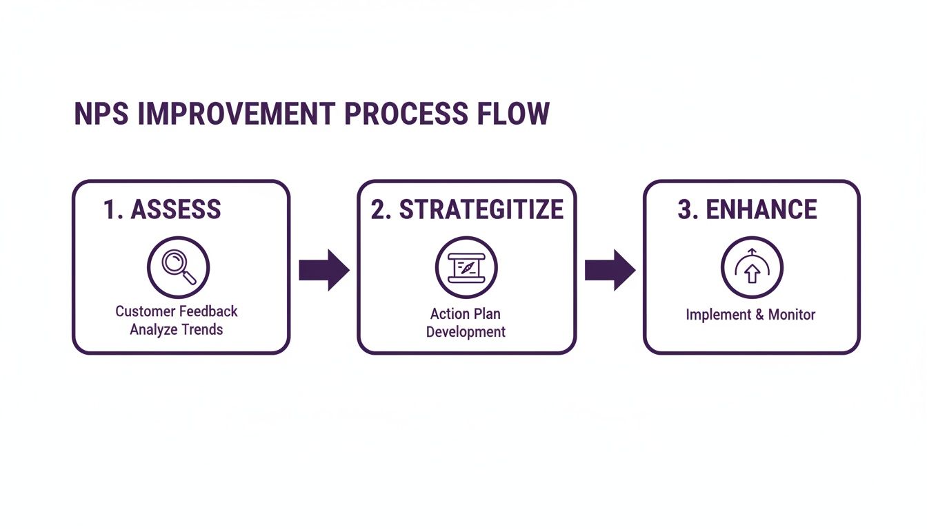 Net Promoter Score Explained: Proven BPO Strategies to Increase NPS 1 A three-step process flow for NPS improvement, outlining Assess, Strategize, and Enhance stages with icons.